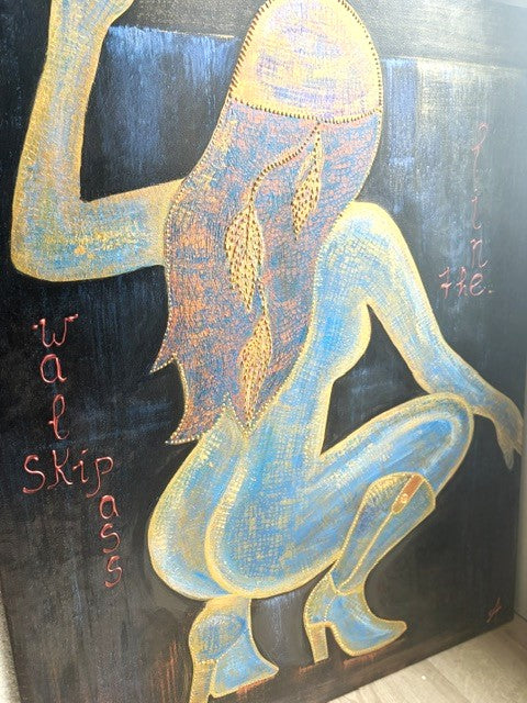 bold figurative painting of a crouching female silhouette in blue and gol
