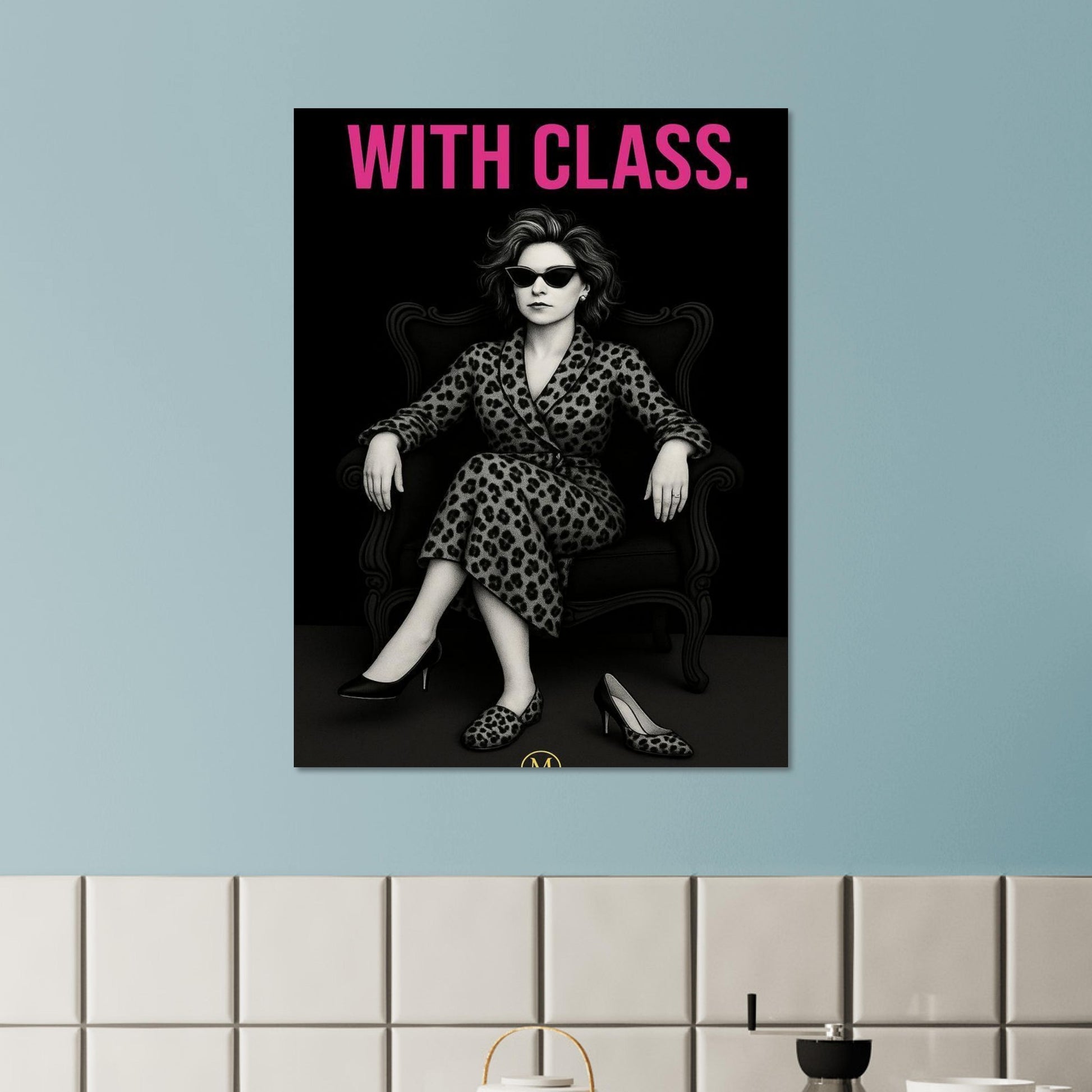 match wall art poster of a woman sitting in a chair with a panther dress