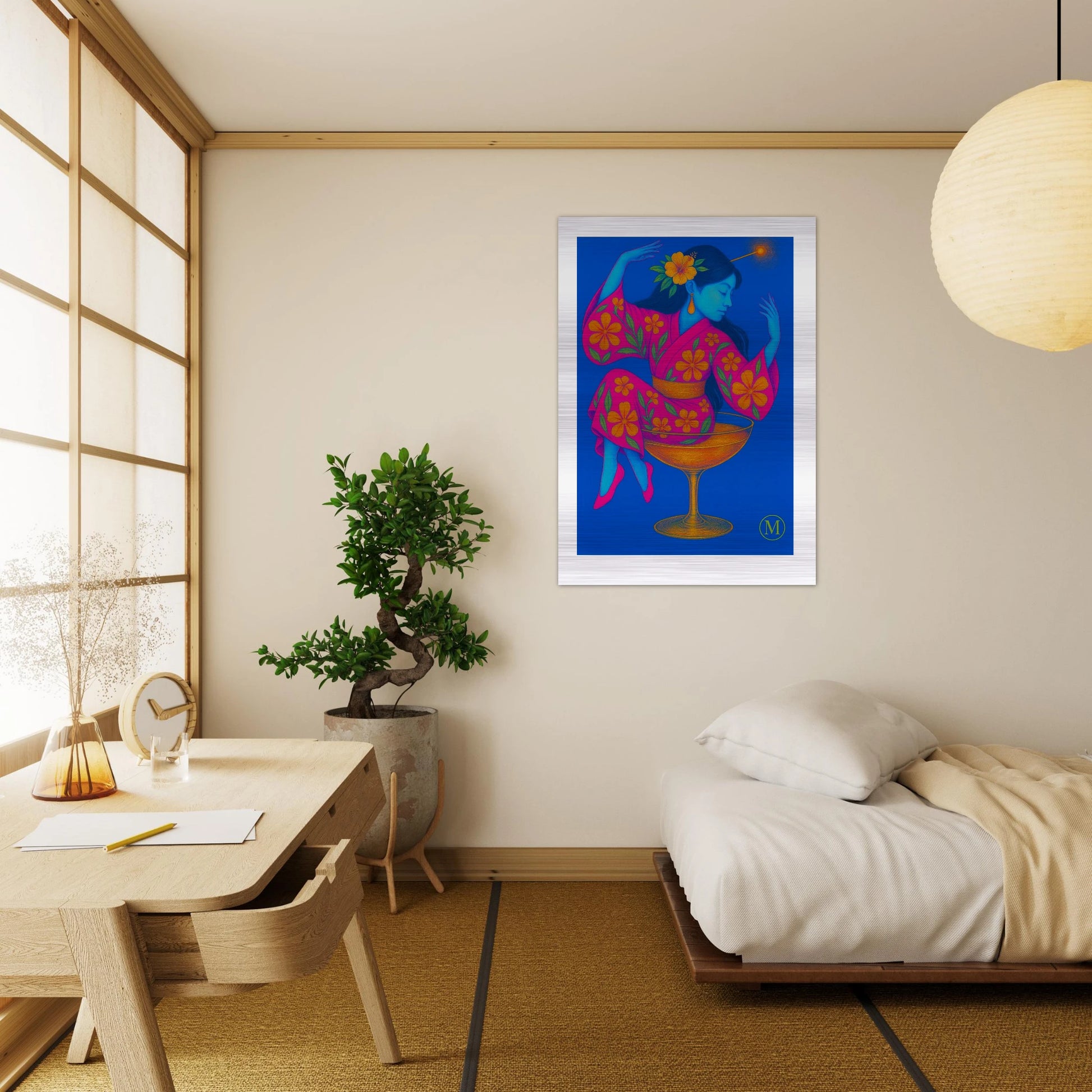 Vibrant Geisha in glass in a neon floral kimono against a hot pink background, printed on brushed aluminum for eye-catching wall decor