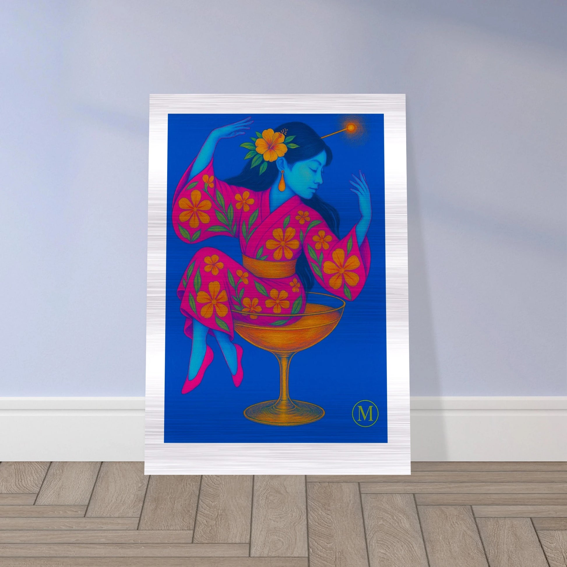 Geisha in glass in a neon dansing against a blue background, printed on brushed aluminum for eye-catching wall decor