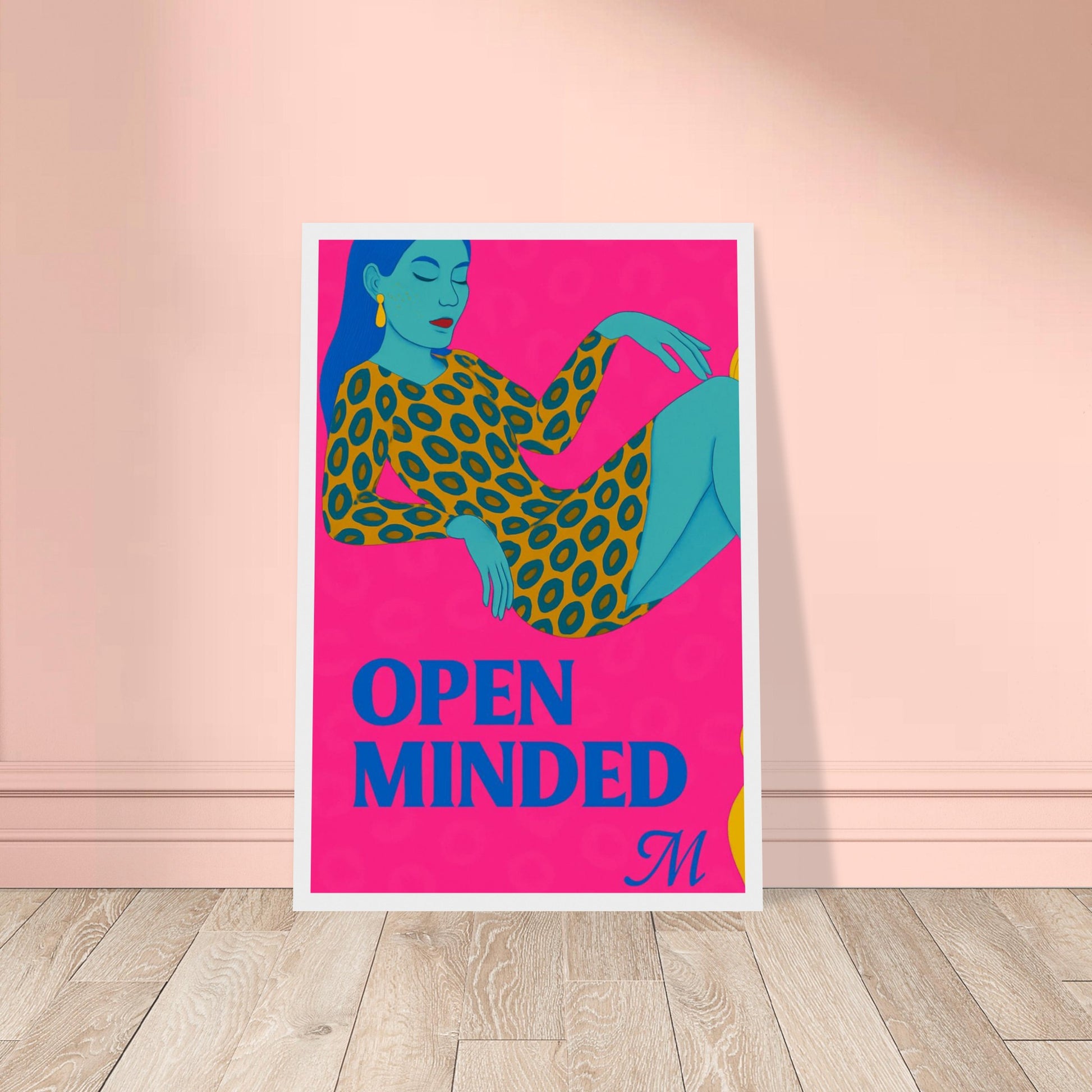 Ilustrated woman in a golden leopard dress and hat on a blue background with the quote open mindet. bold modern wall art bu match wall art