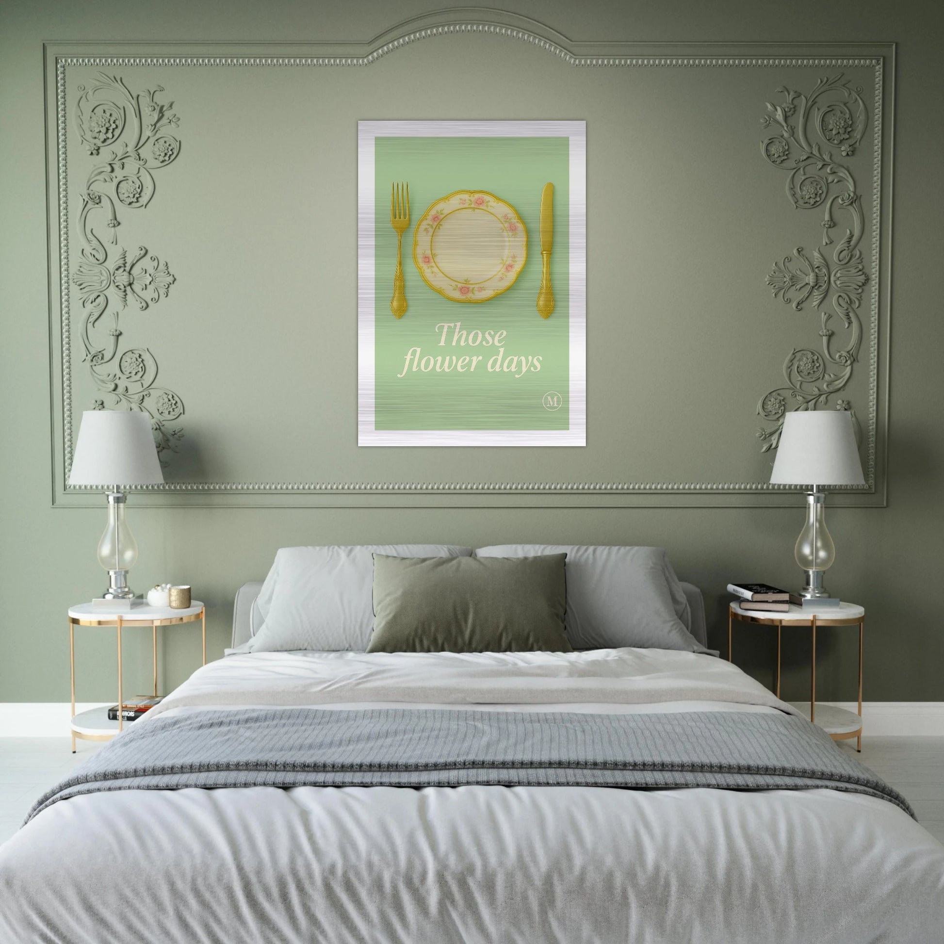Vintage art poster on brushed aluminum in bedroom