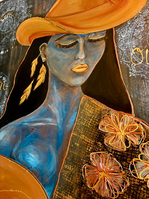 modermetalic n portrait painting, empowering female art, texn tured canvas, contemporary figurative artwork.