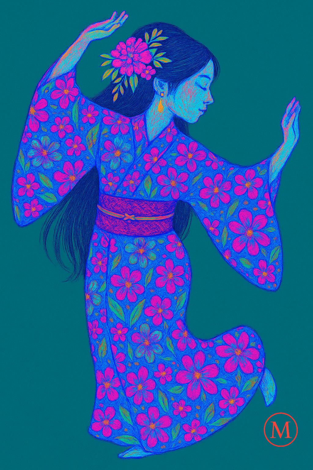 Neon Geisha Print - Green Purple Bloom - Digital Download Poster