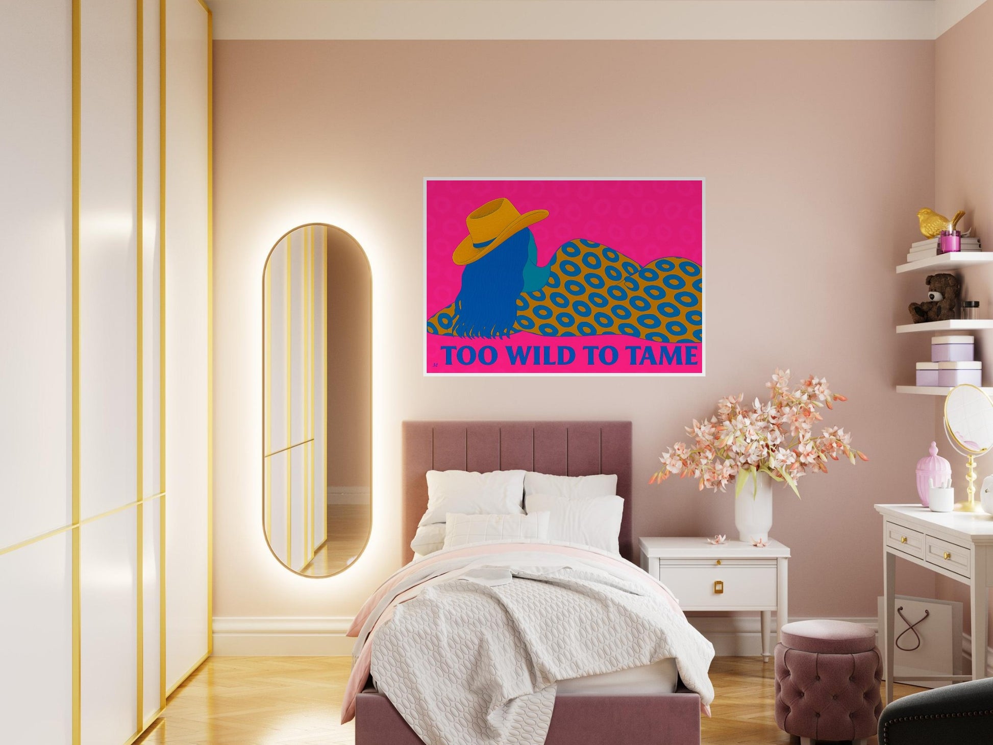 Ilustrated woman in a golden leopard dress and hat on a blue background with the quote Too wild to tame. bold modern wall art by match wall art in a bedroom 