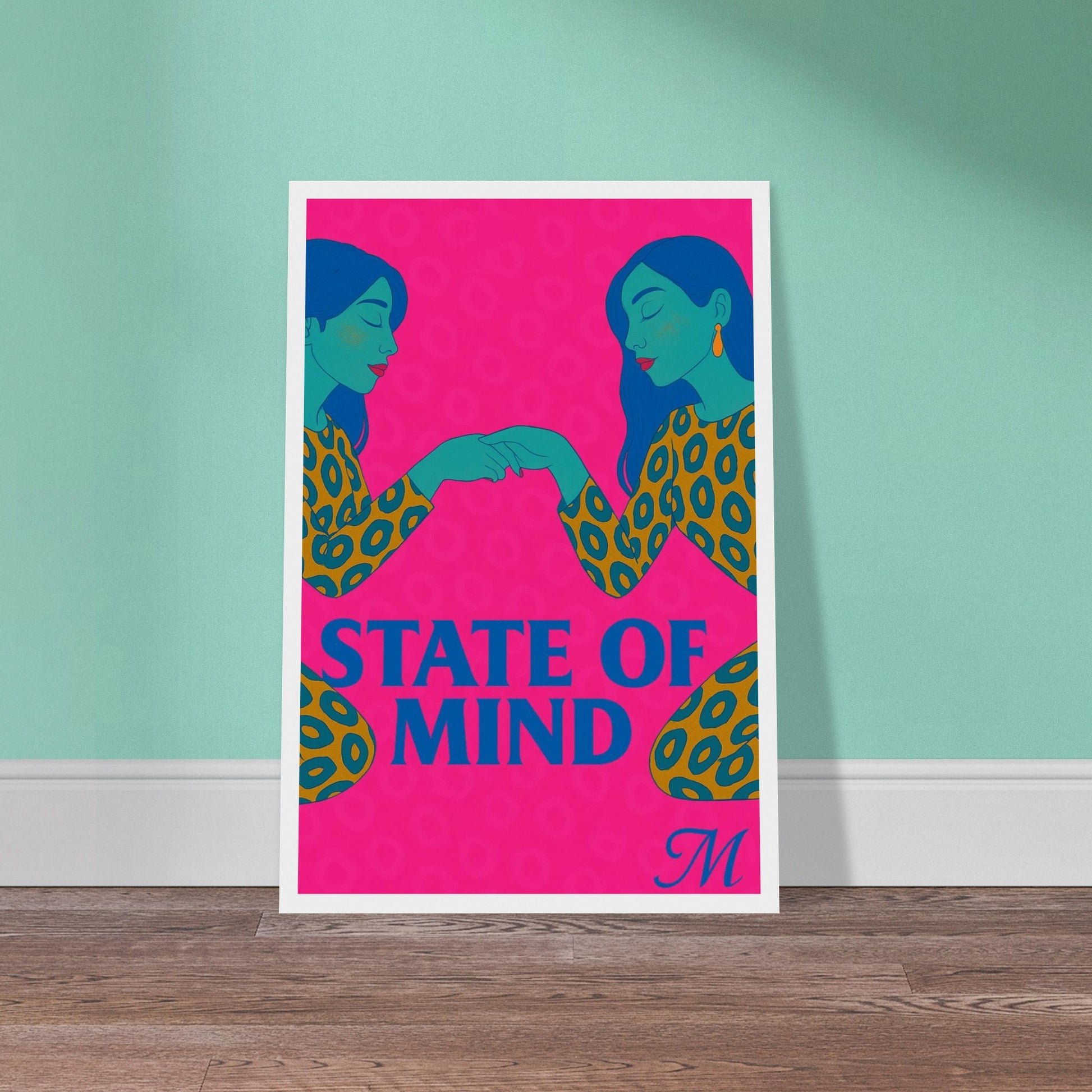 Ilustrated woman in a golden leopard dress and hat on a blue background with the quote state of mind. bold modern wall art bu match wall art