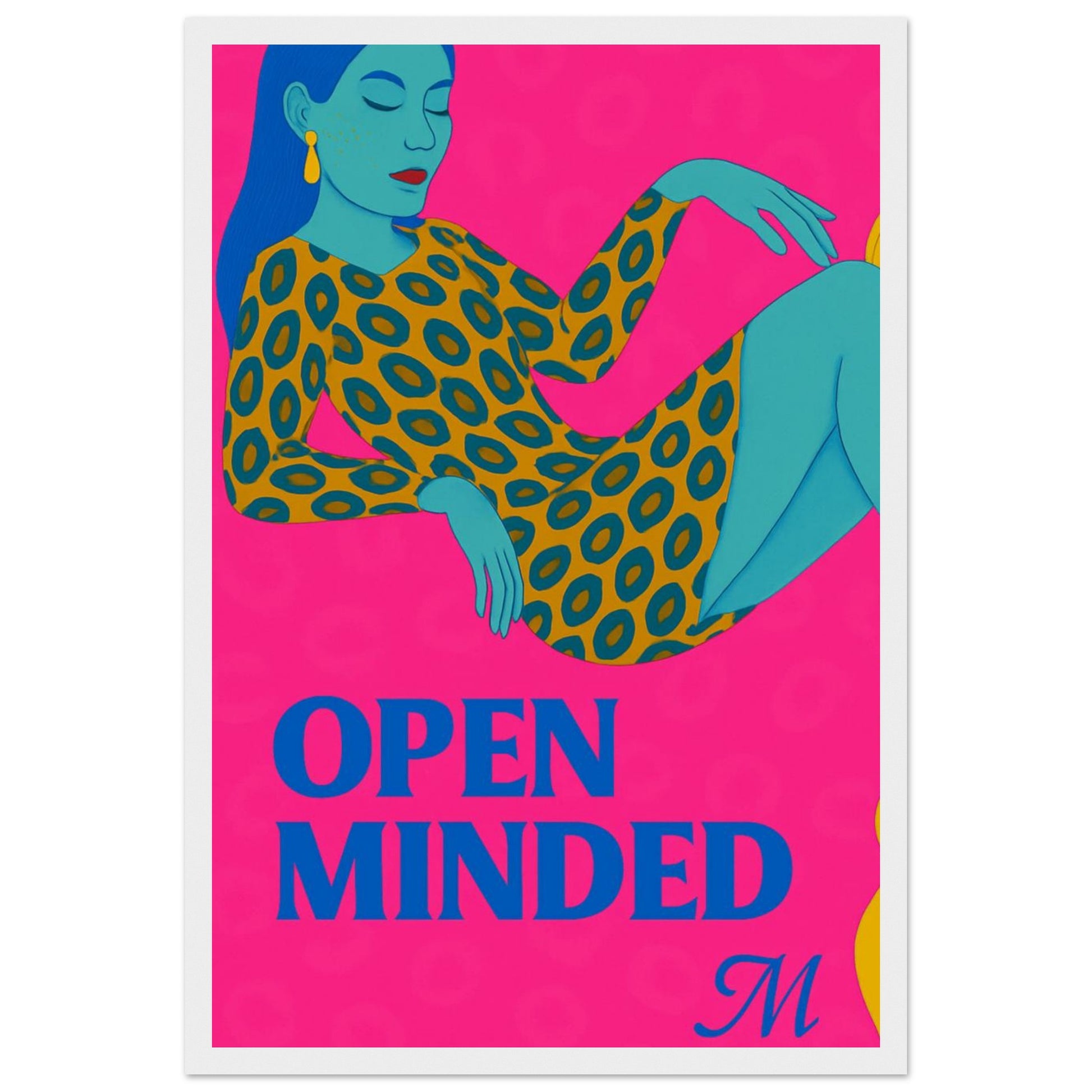 Ilustrated woman in a golden leopard dress and hat on a blue background with the quote open mindet. bold modern wall art bu match wall art