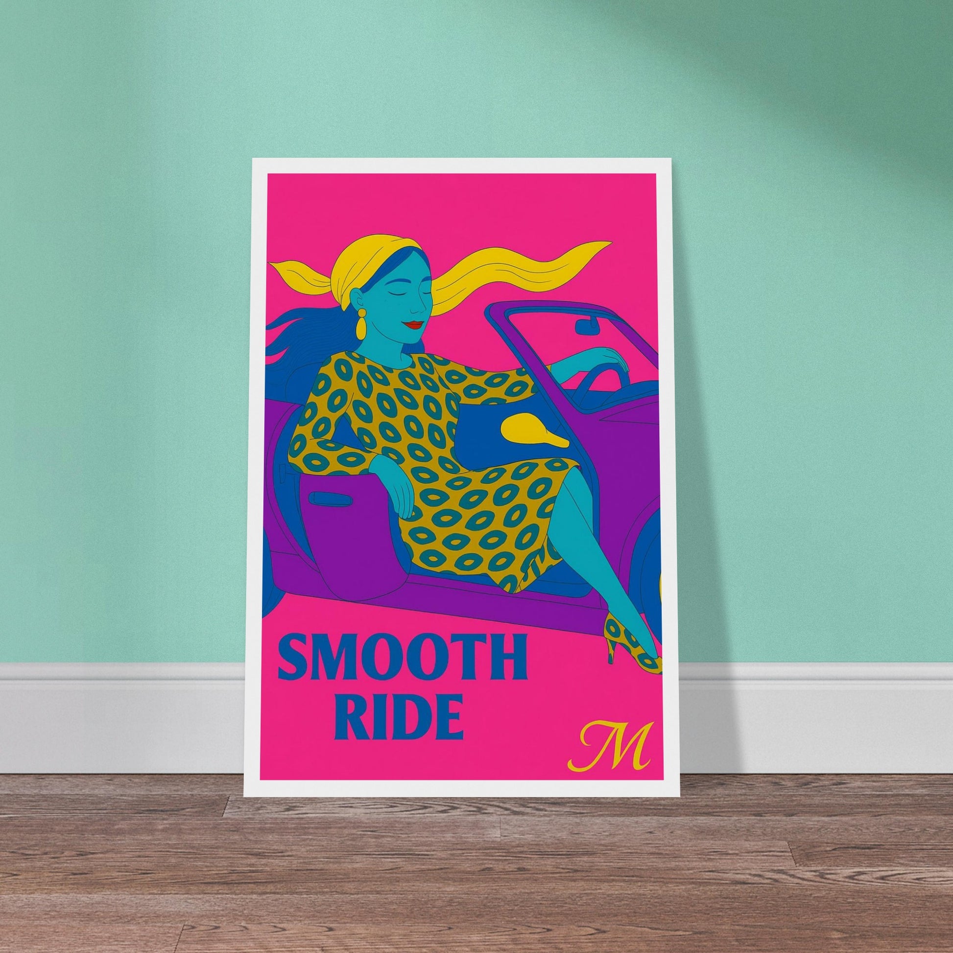 Poster of a blue-skinned woman in gold leopard print with the quote ‘smooth ride’ in bold pink font – modern art by match