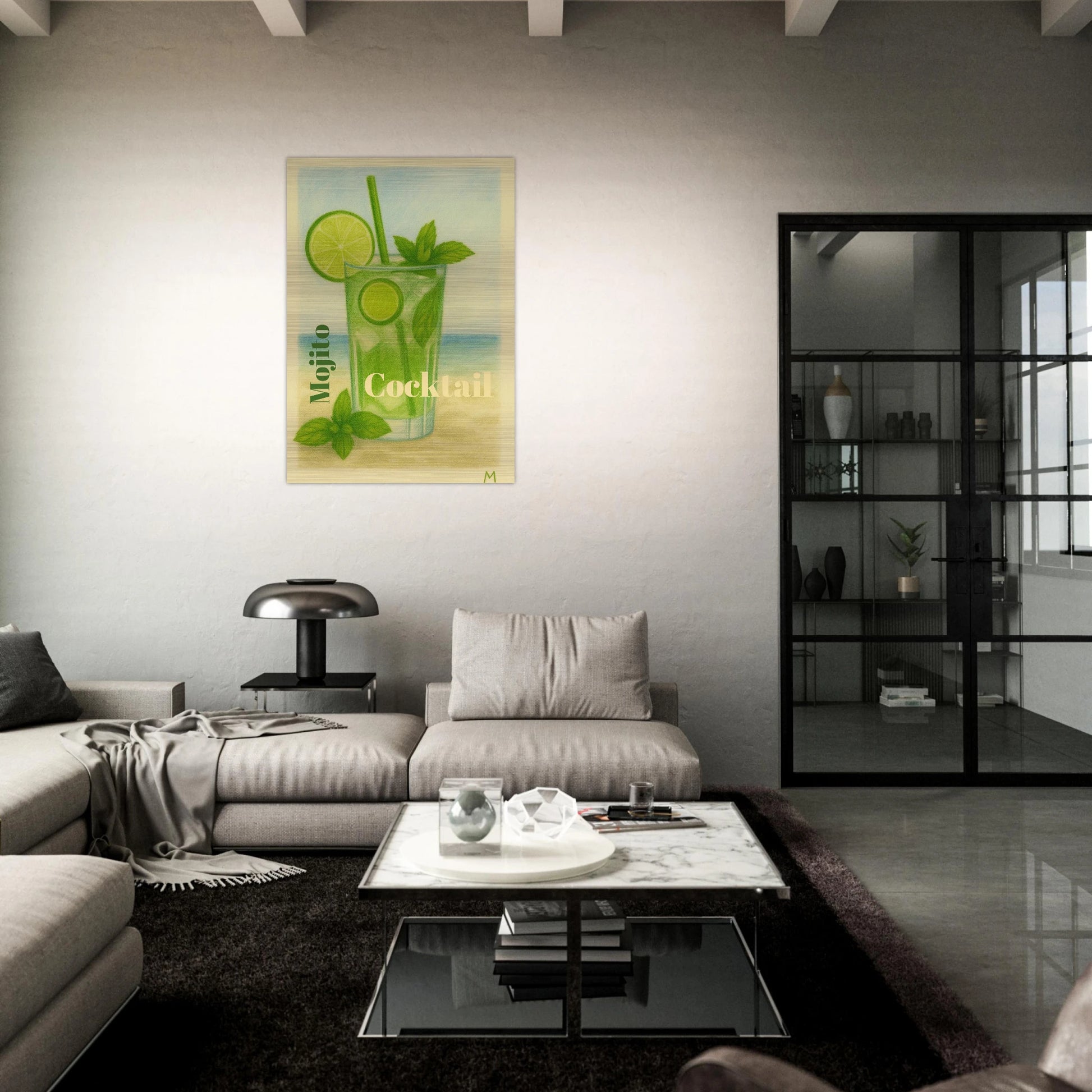 mojito cocktail with lime and mint on brushed aluminium in vintage pastel style match wall art

