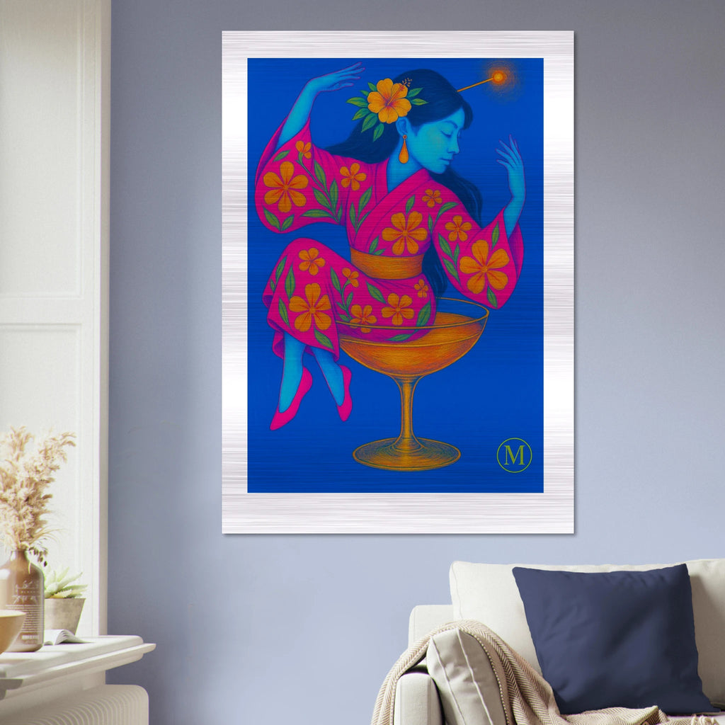 Geisha illustration in a neon floral kimono against a blue background, printed on brushed aluminum for eye-catching wall decor