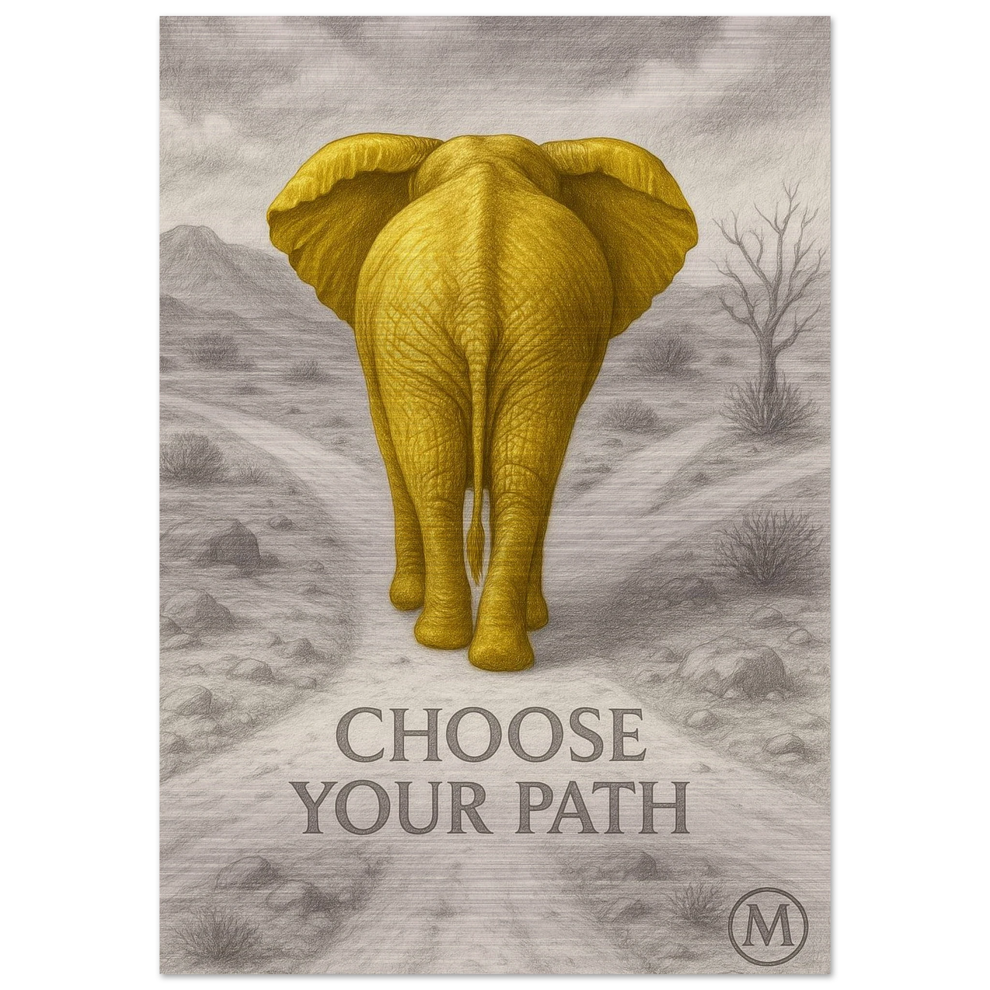 Unleash fierce elegance with this golden elephant, walking boldly through a soft-toned desert. The metallic fur, intense gaze and confident stride make this print a true statement on any wall.