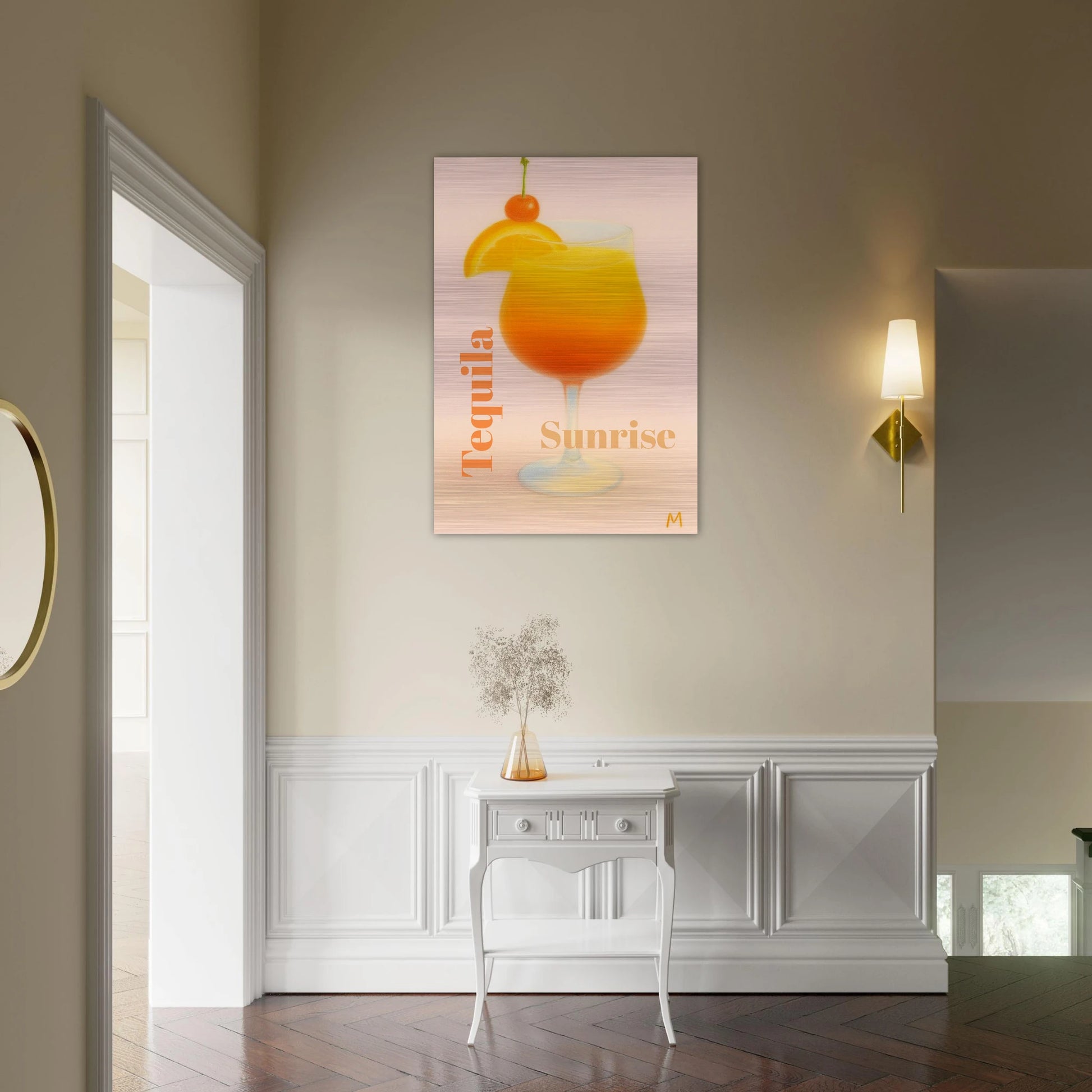 luxury cocktail tequila with orange slice and cherry on brushed aluminium vintage 