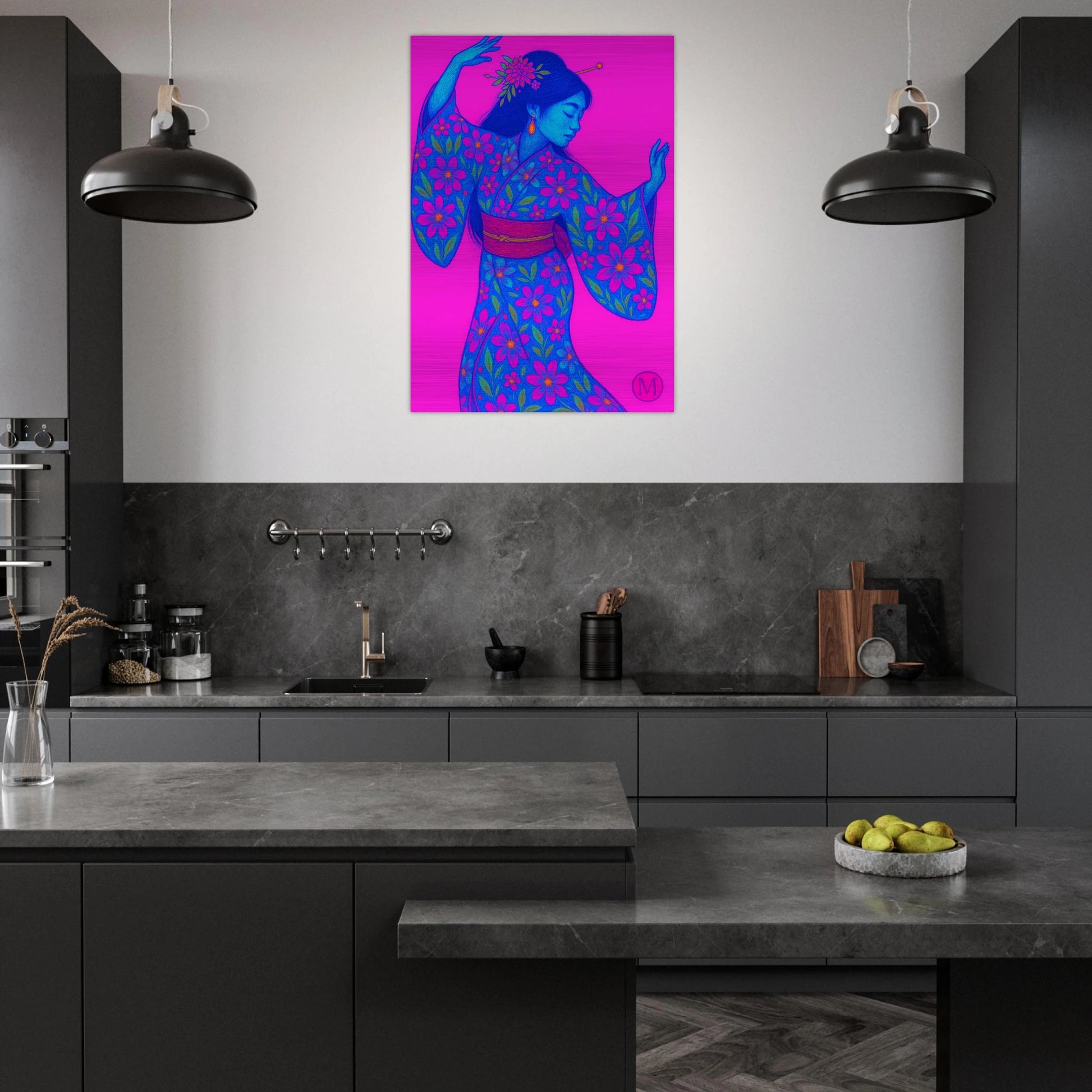 Geisha dancing-enjoying-print- brushed aluminum metal- bold-luxury-wall art-Match