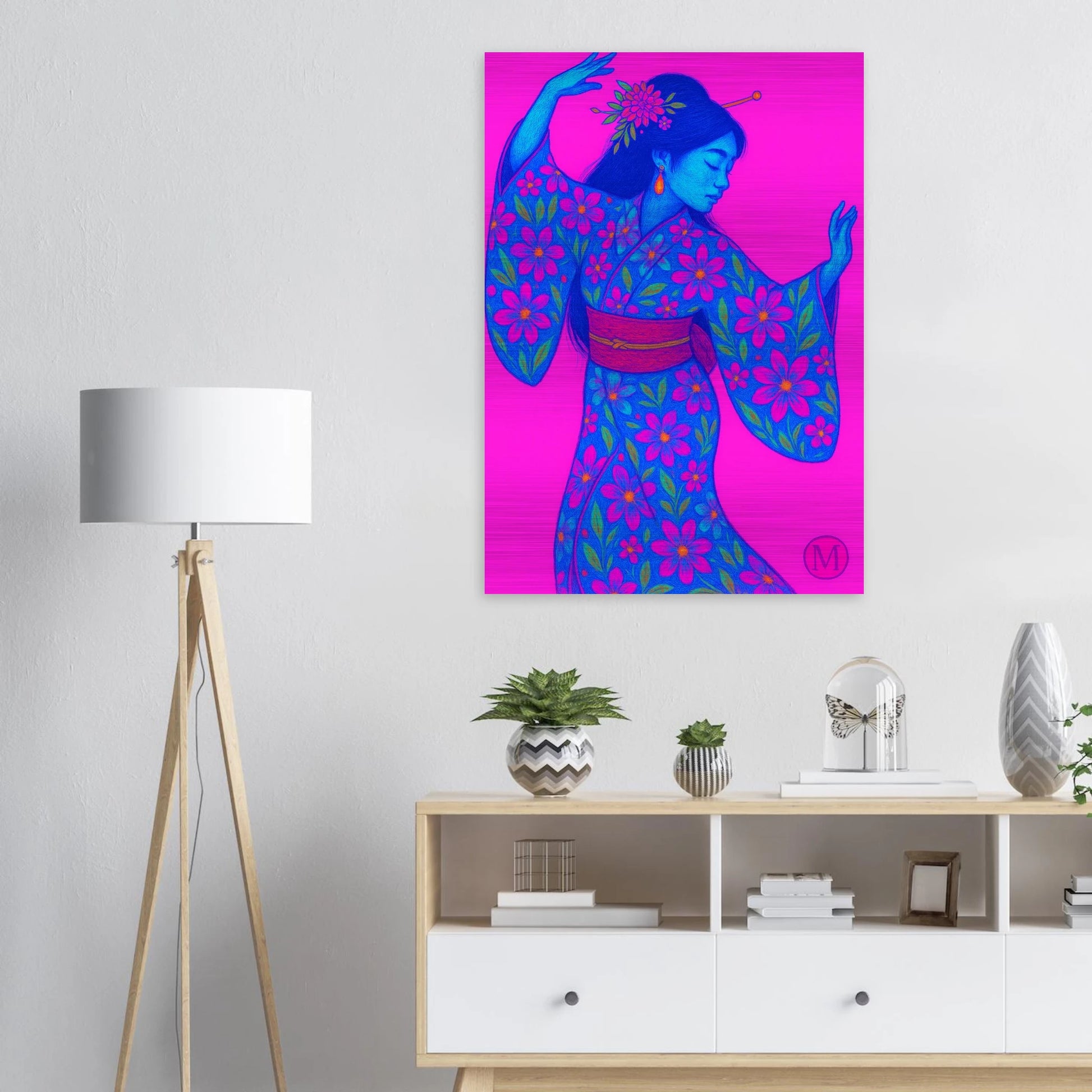 Geisha dancing- having fun brushed aluminum metal- bold-luxury-wall art