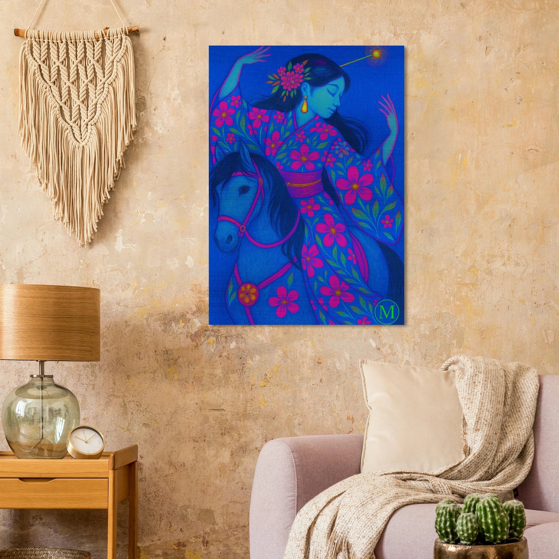 dancing on horse geisha-brushed aluminum metal-boho room- bold-luxury-wall art