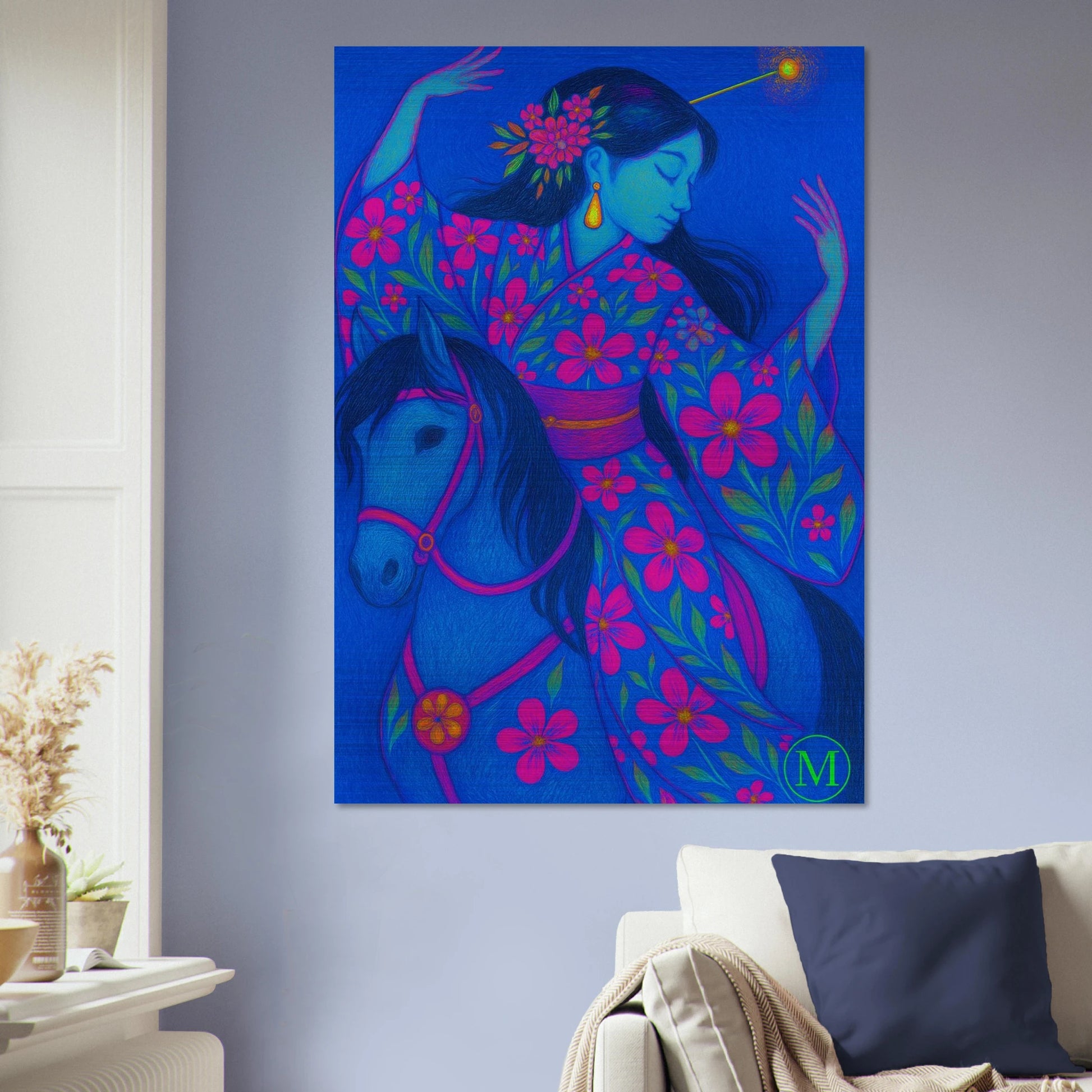 dancing on horse geisha-brushed aluminum metal-japanese- bold-luxury-wall art
