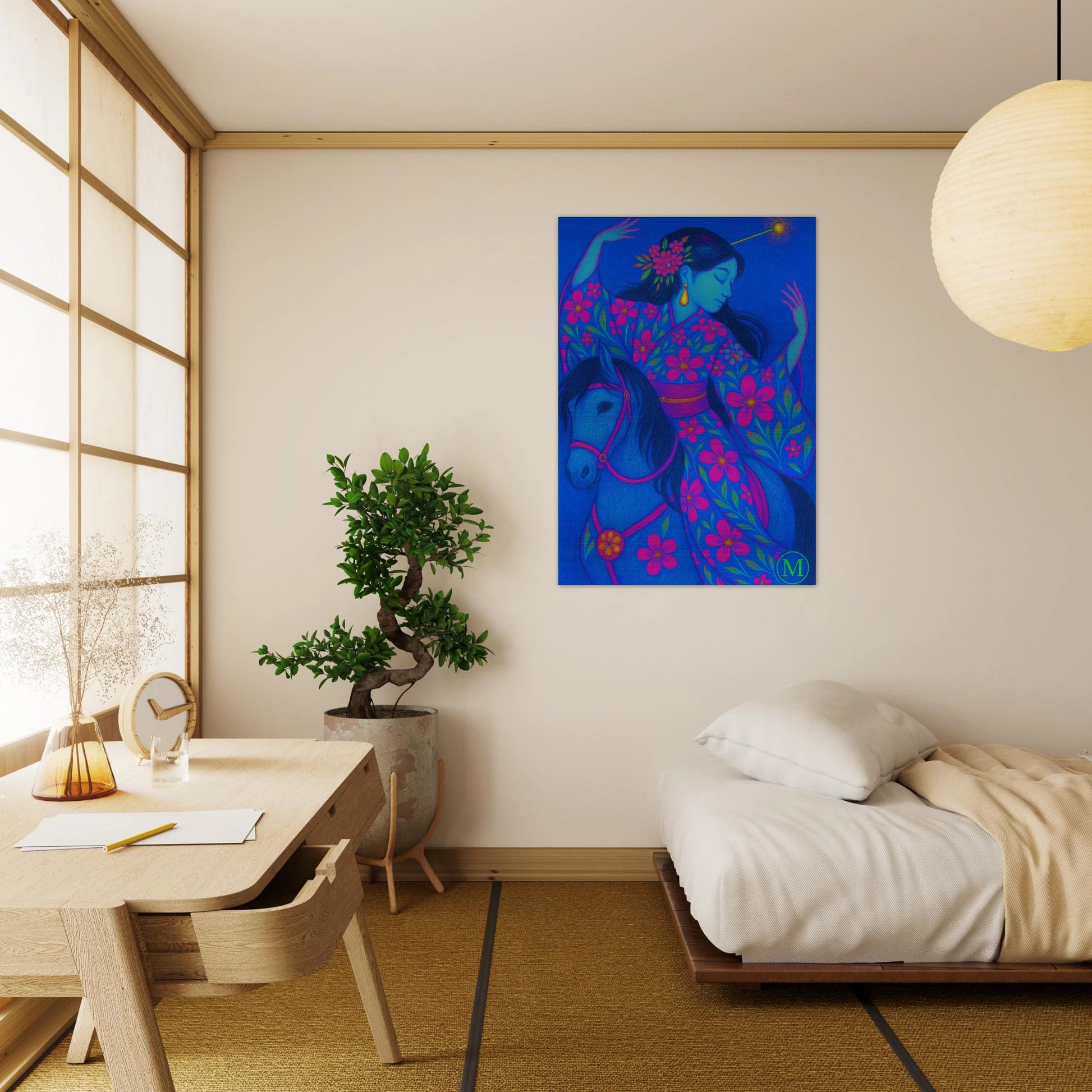 dancing on horse geisha-brushed aluminum metal-japanese- bold-luxury-wall art-home decoration