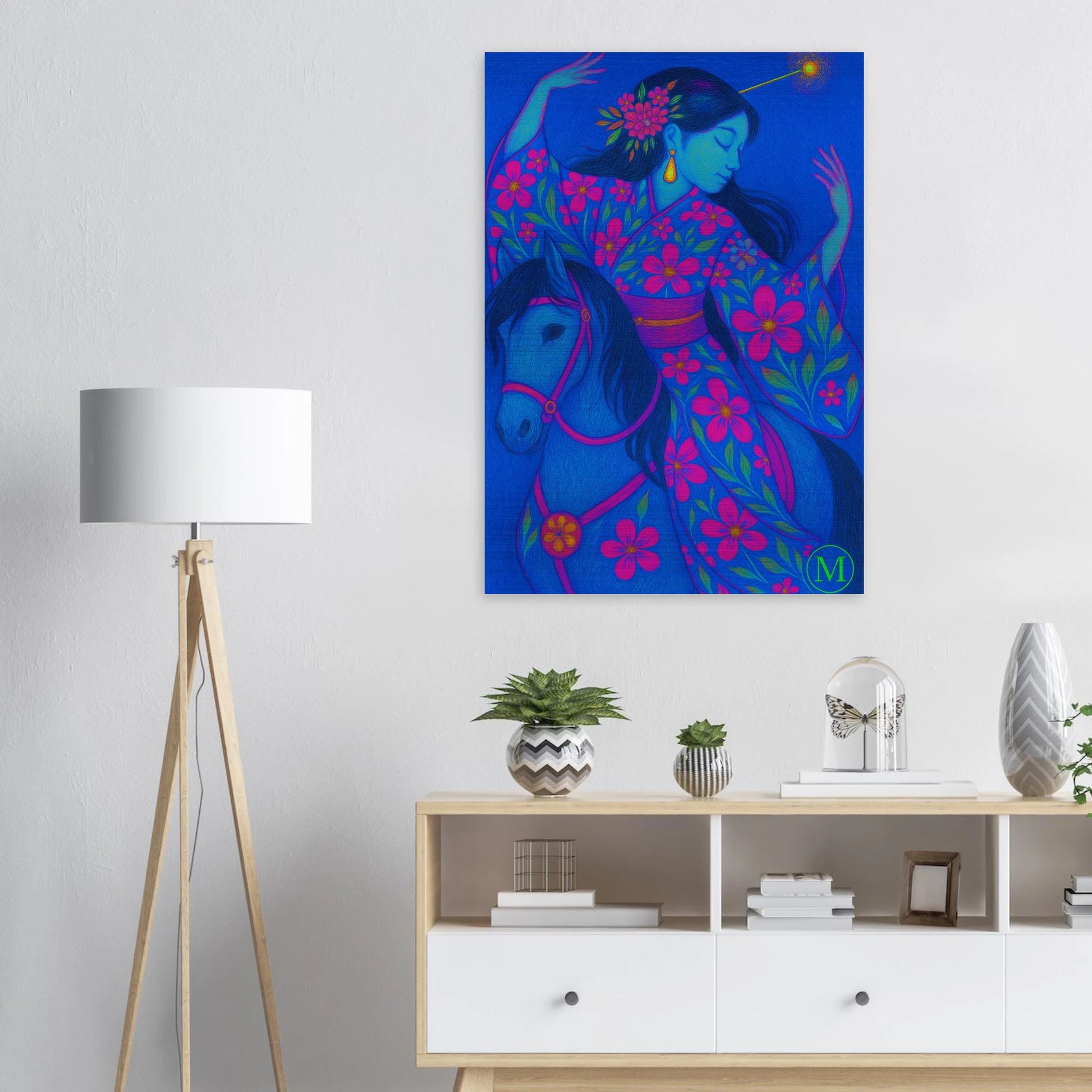 dancing on horse geisha-brushed aluminum metal-japanese- bold-luxury-wall art