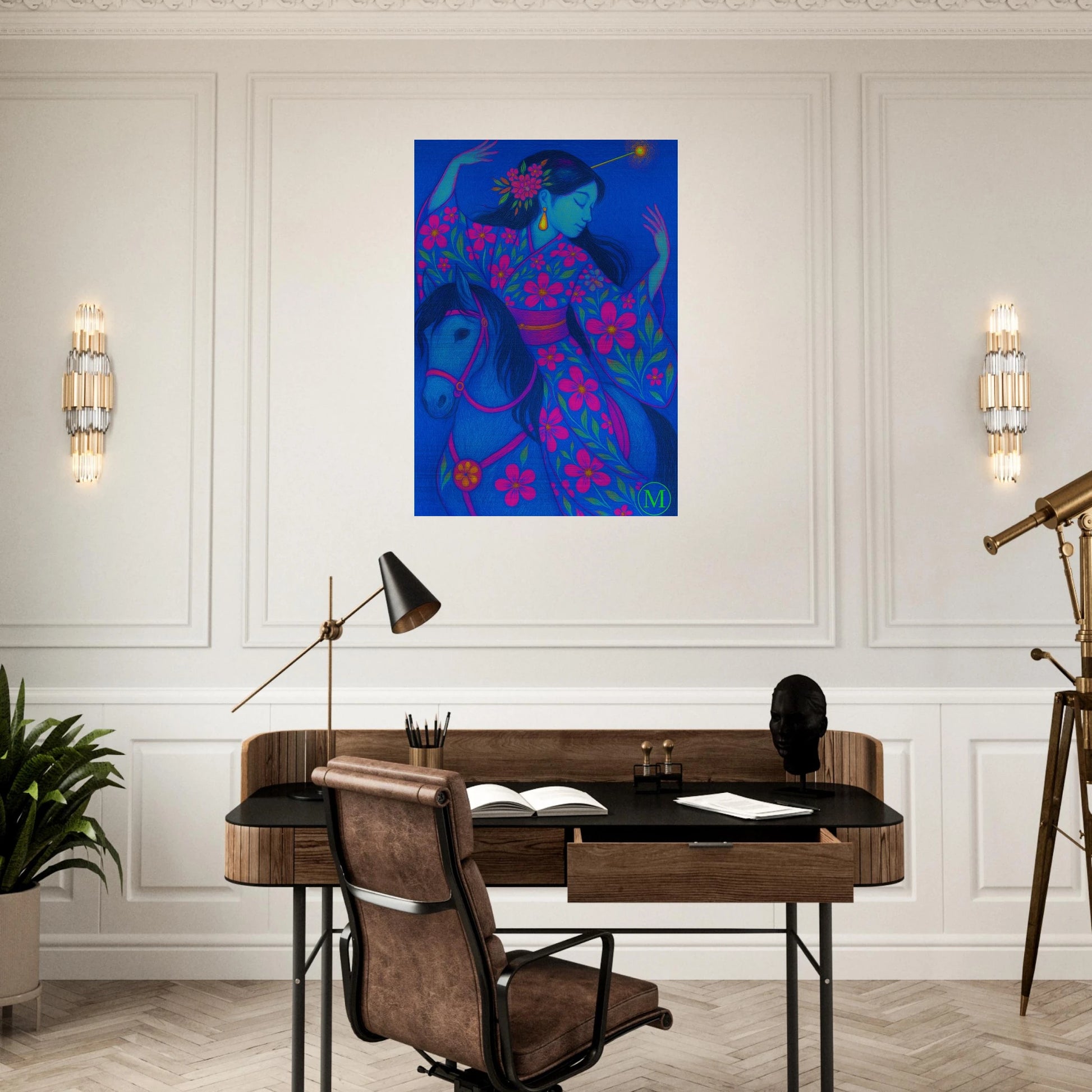 piano-dancing on horse geisha-brushed aluminum metal-japanese- bold-luxury-wall art