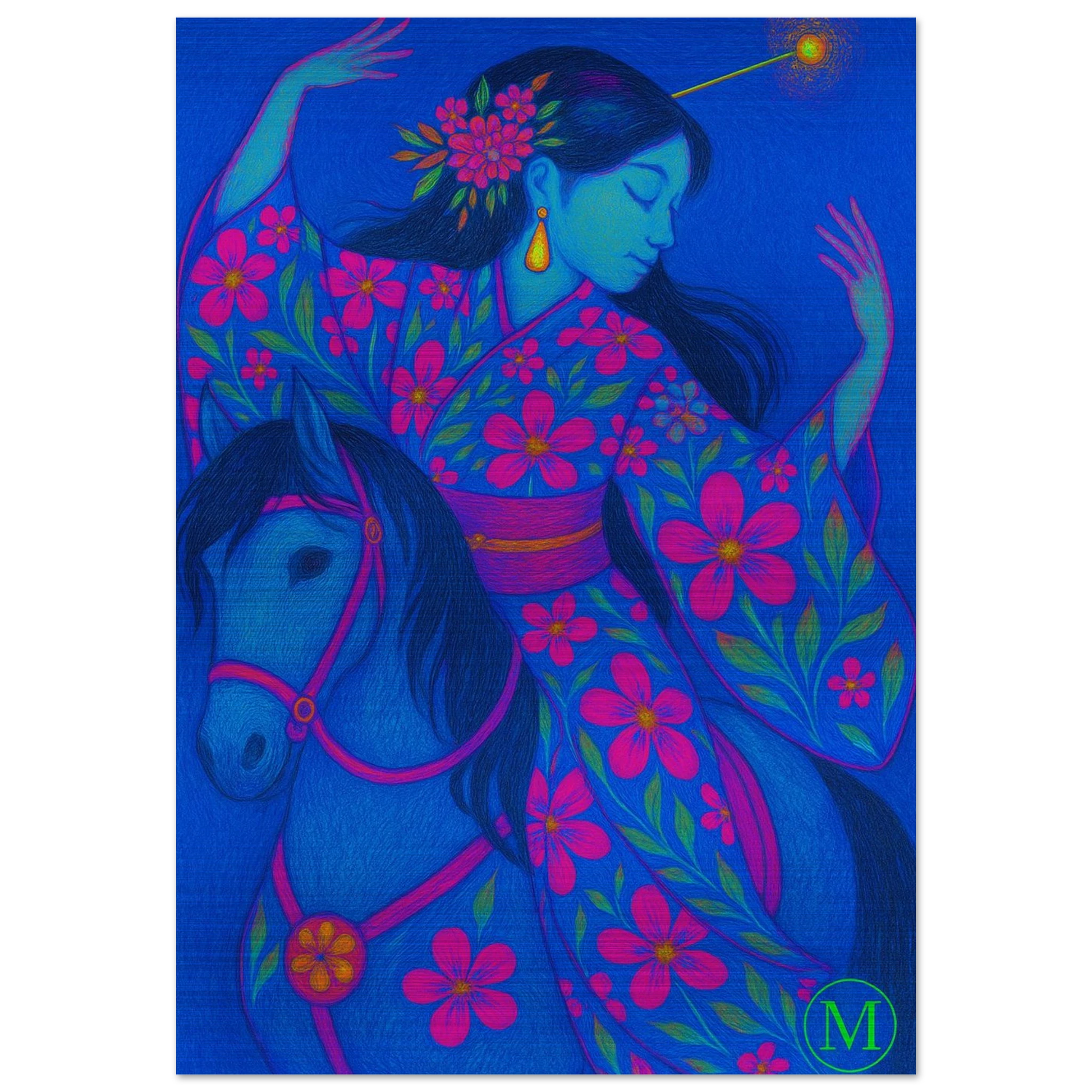 dancing on horse geisha-brushed aluminum metal- bold-luxury-wall art-japanese