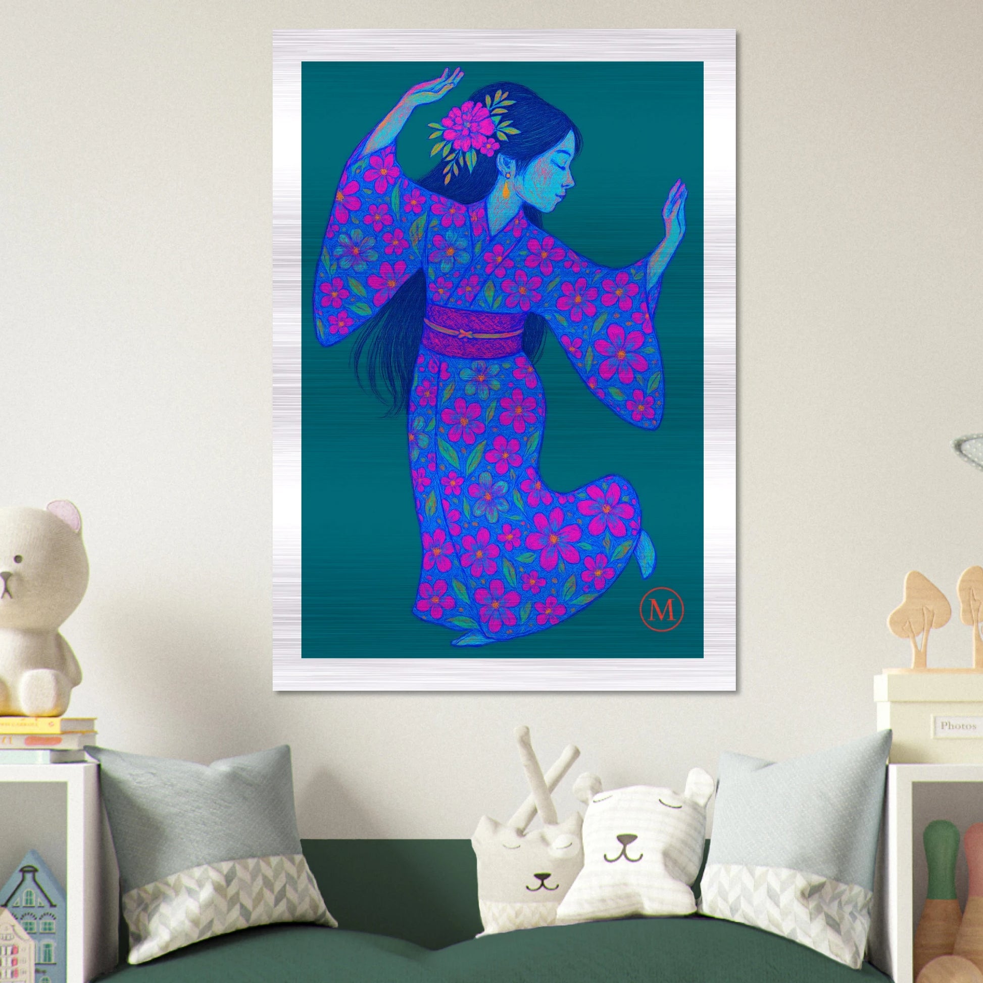 dancing pastel-metallic-geisha-poster art by match above bed in bedroom 