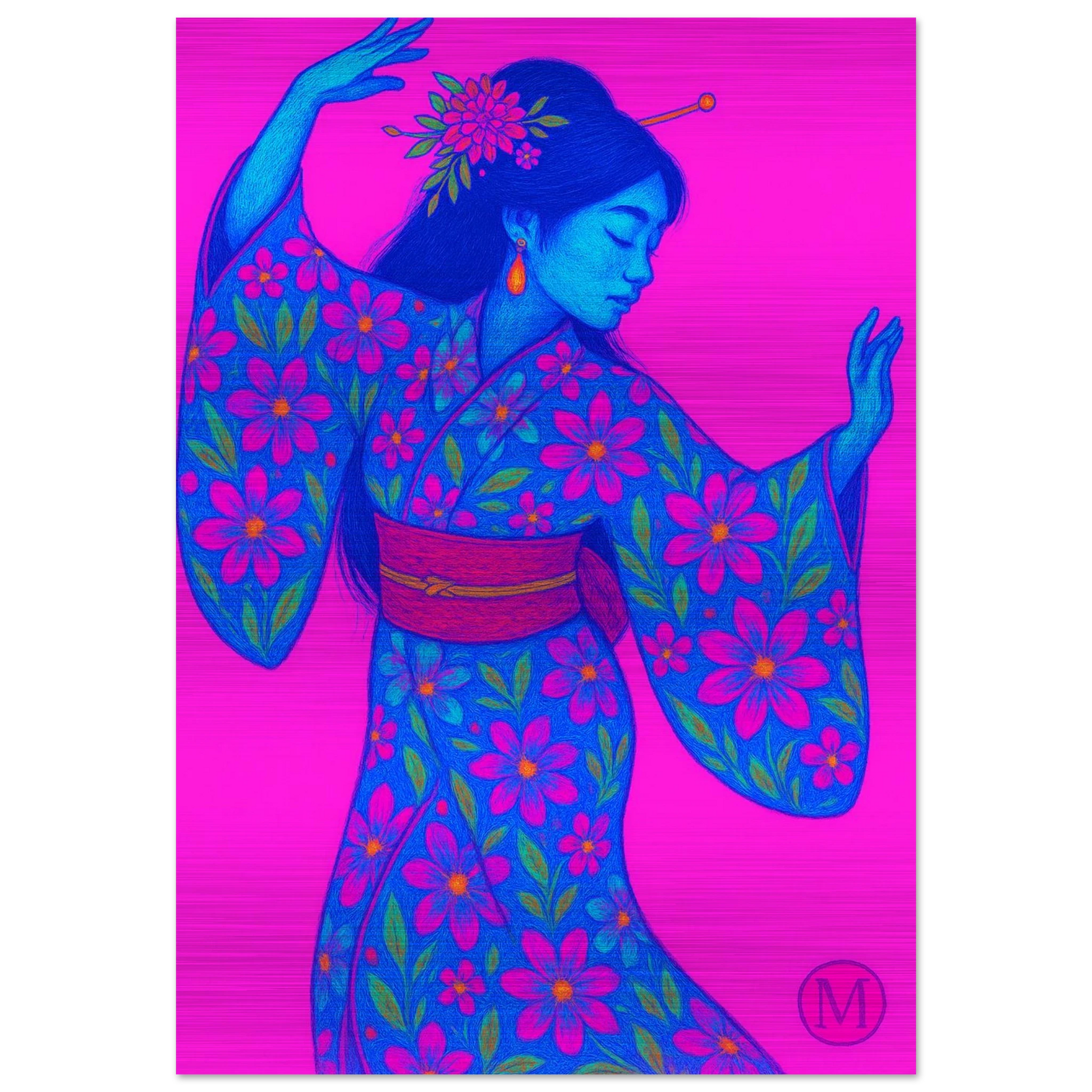 dancing- pink-blue-geisha-brushed aluminum metal-japanese- bold-luxury-wall art