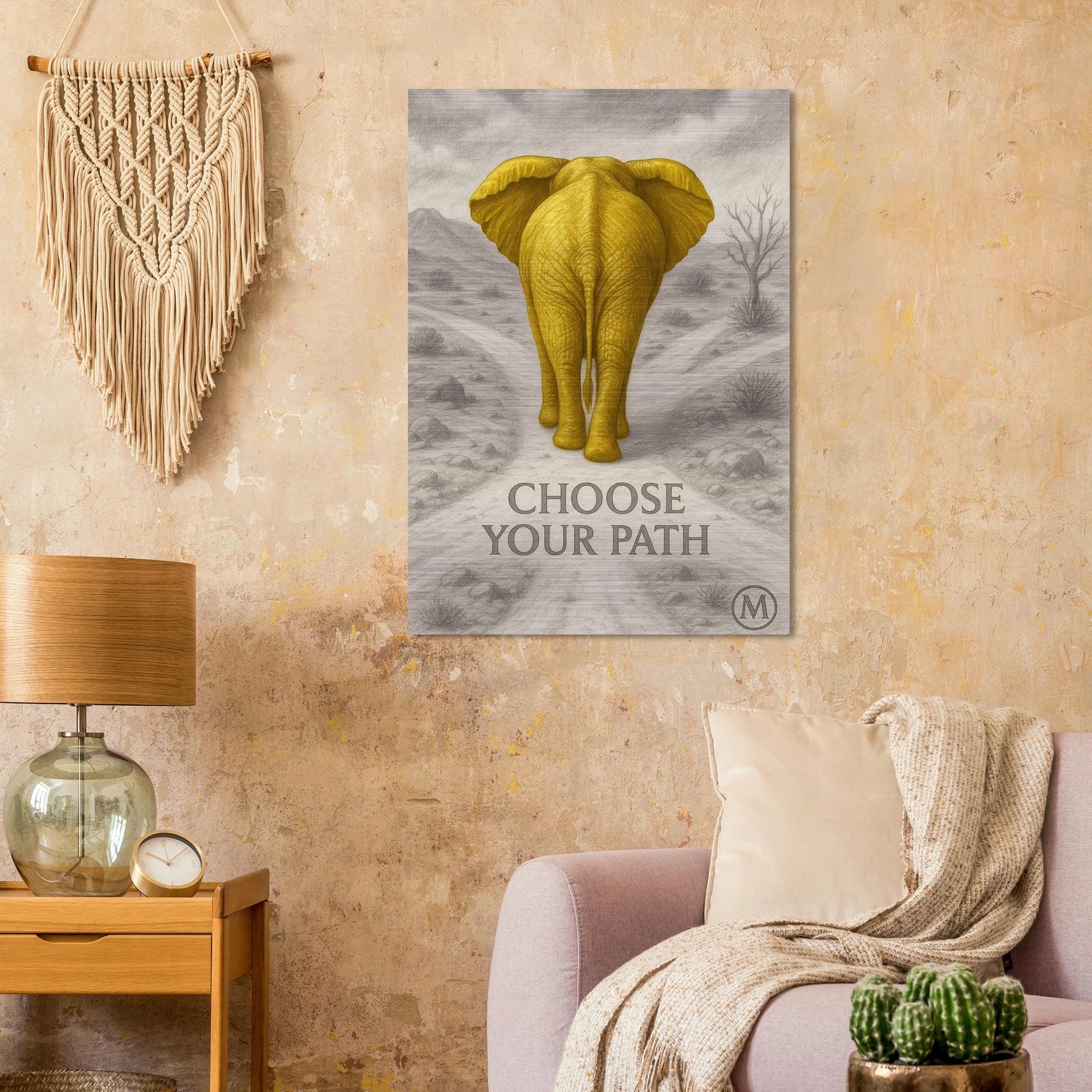 Make bold choices with this striking golden elephant walking straight toward you, set against a soft desert backdrop. With a powerful quote and metallic detail, this print reminds you to trust 