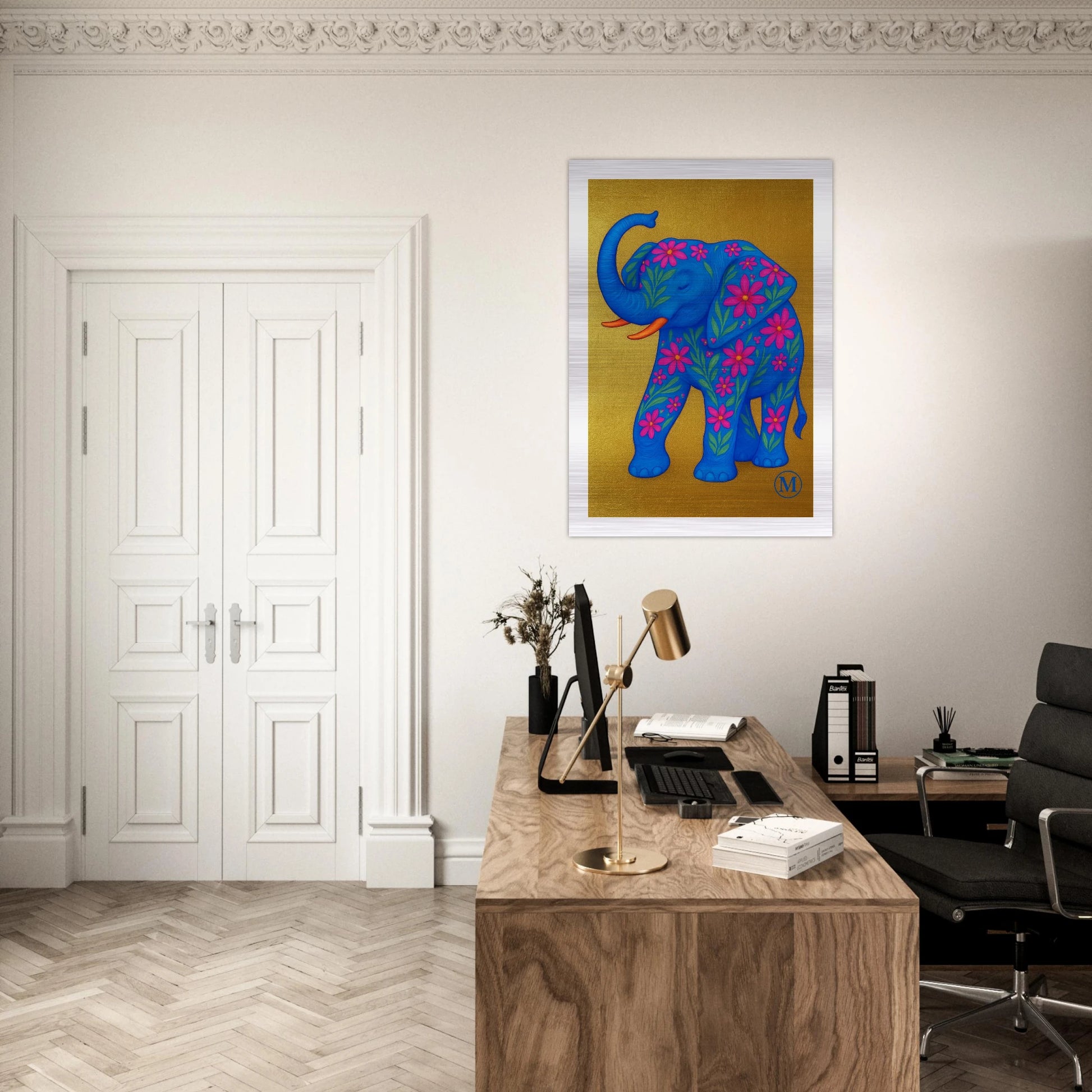 Golden flowered elephant with golden background edges. the wall art from MATCH Panther