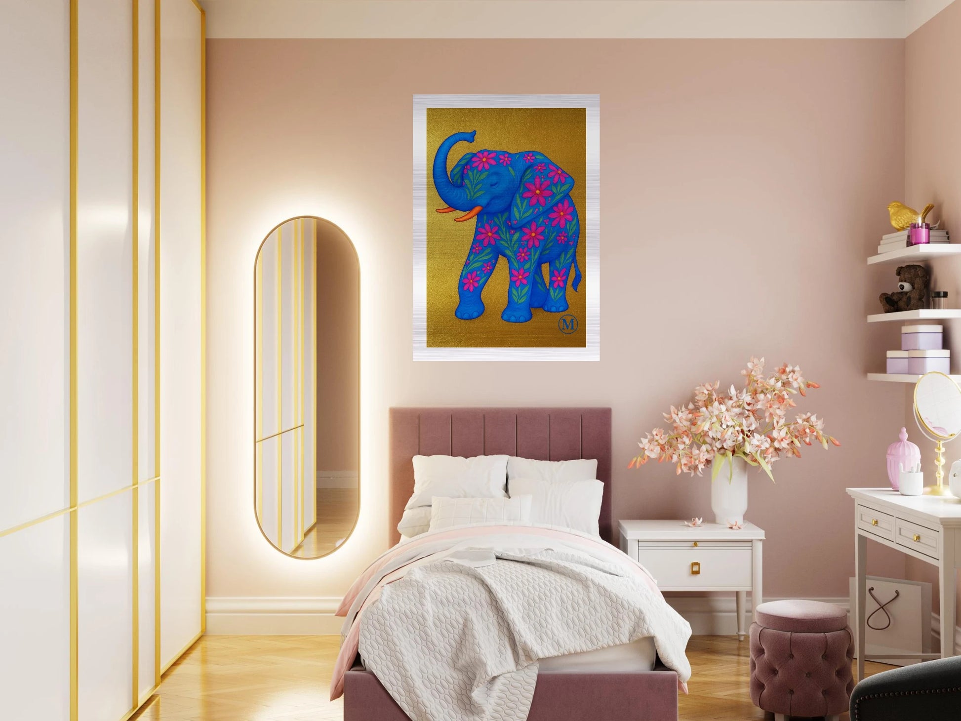Golden flowered elephant with golden background edges. the wall art from MATCH Panther Collection