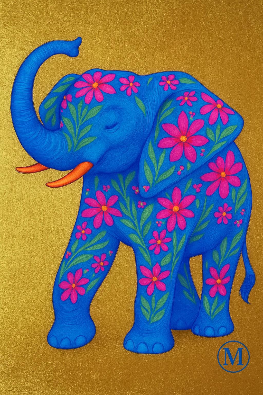 Golden Blue Neon Elephant Print - Digital Poster