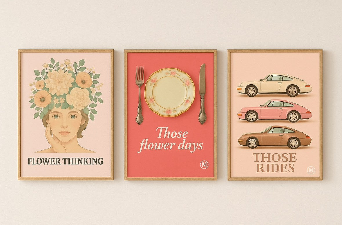 mock up of poster flower thinking and porsches with additute collection of framed posters 