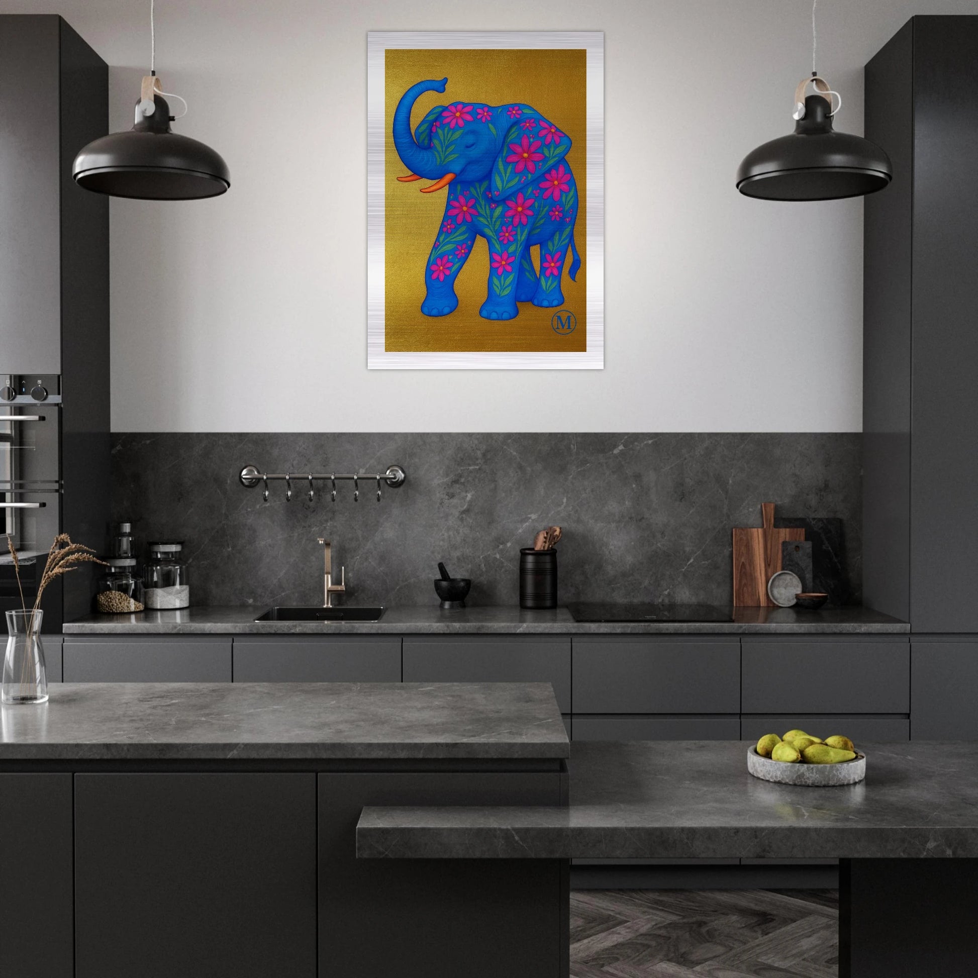 Golden flowered elephant with golden background edges. the wall art from MATCH Panther Collection