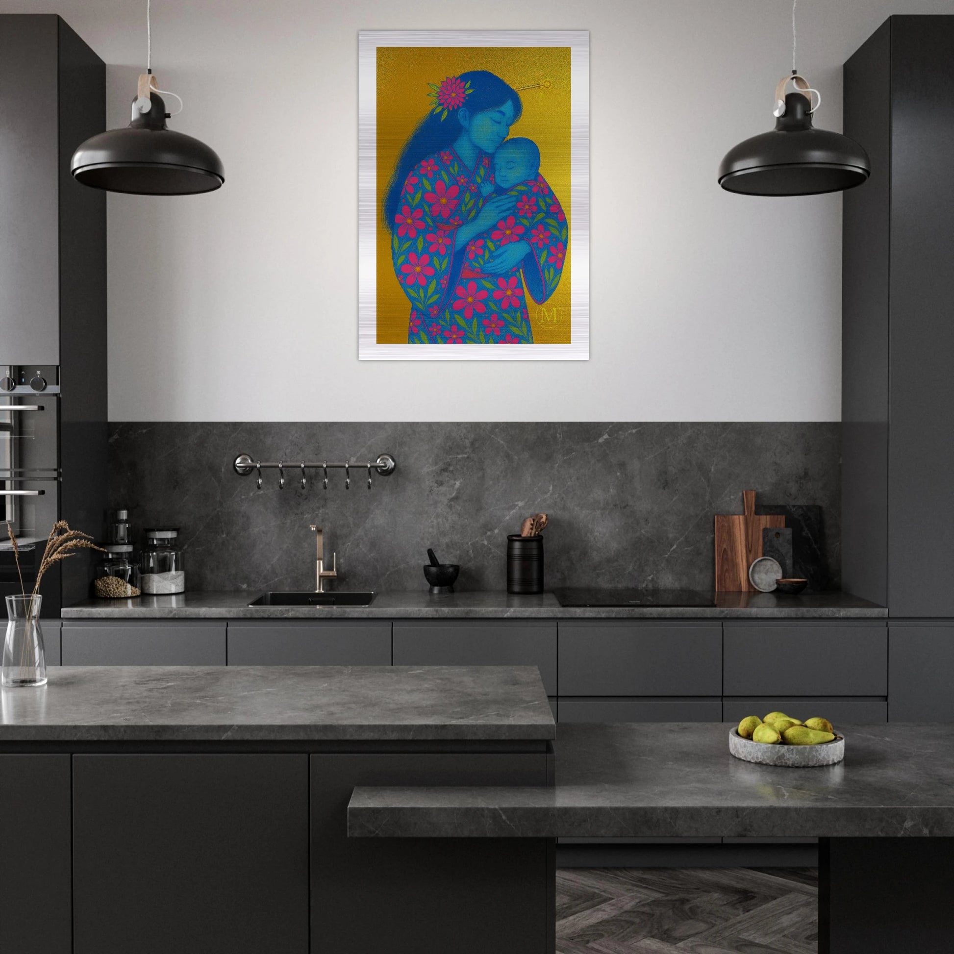 Geisha mother holding child in kitchen dressed in a neon floral kimono, printed on brushed aluminum with a gold metallic