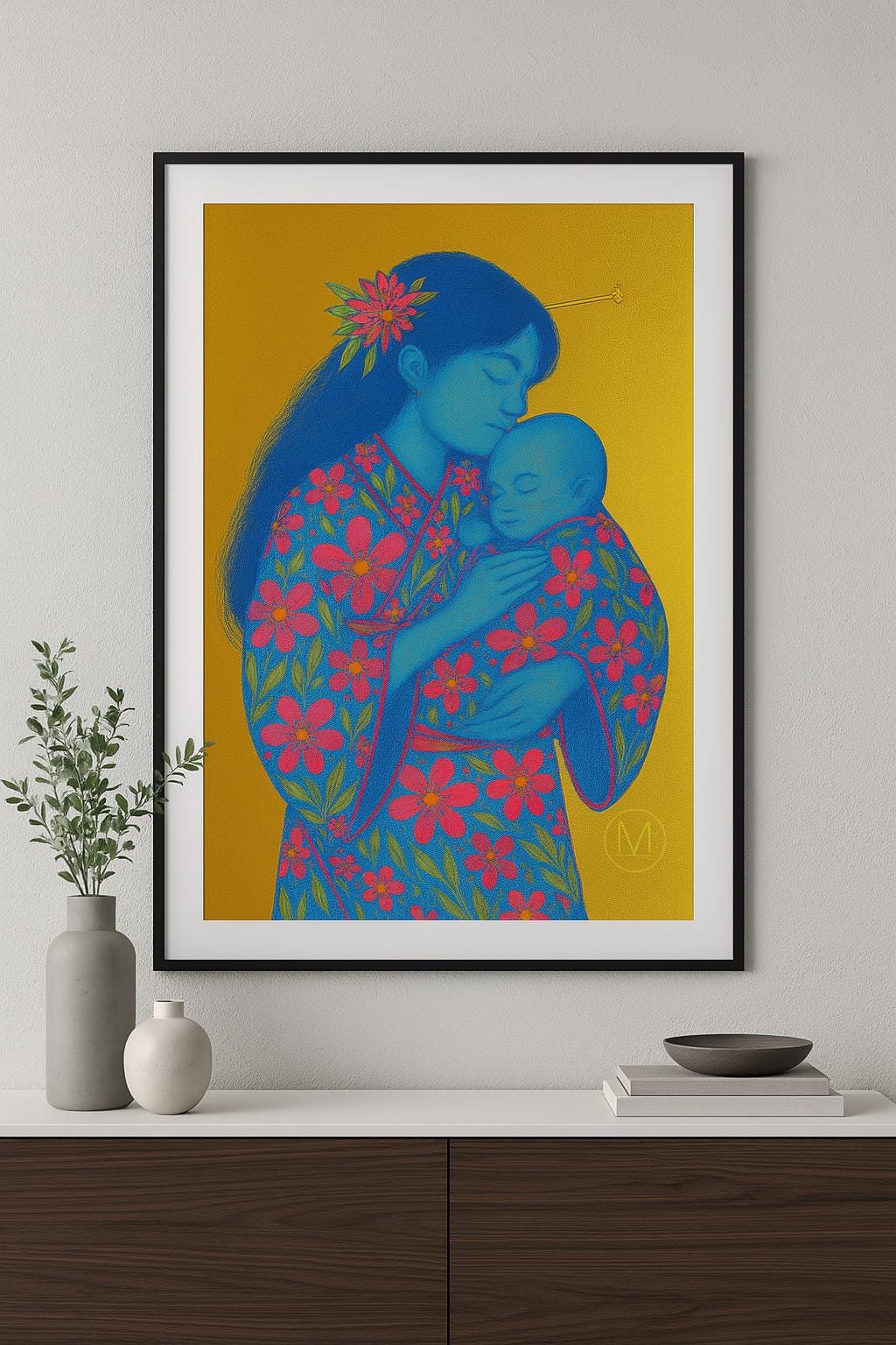 geisha framed poster hanging by match wall art