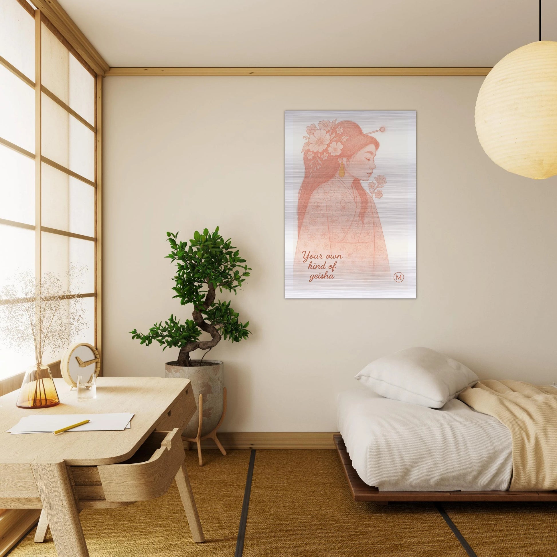 alumimum geisha pink framed by match wall art hanging in bedroom 