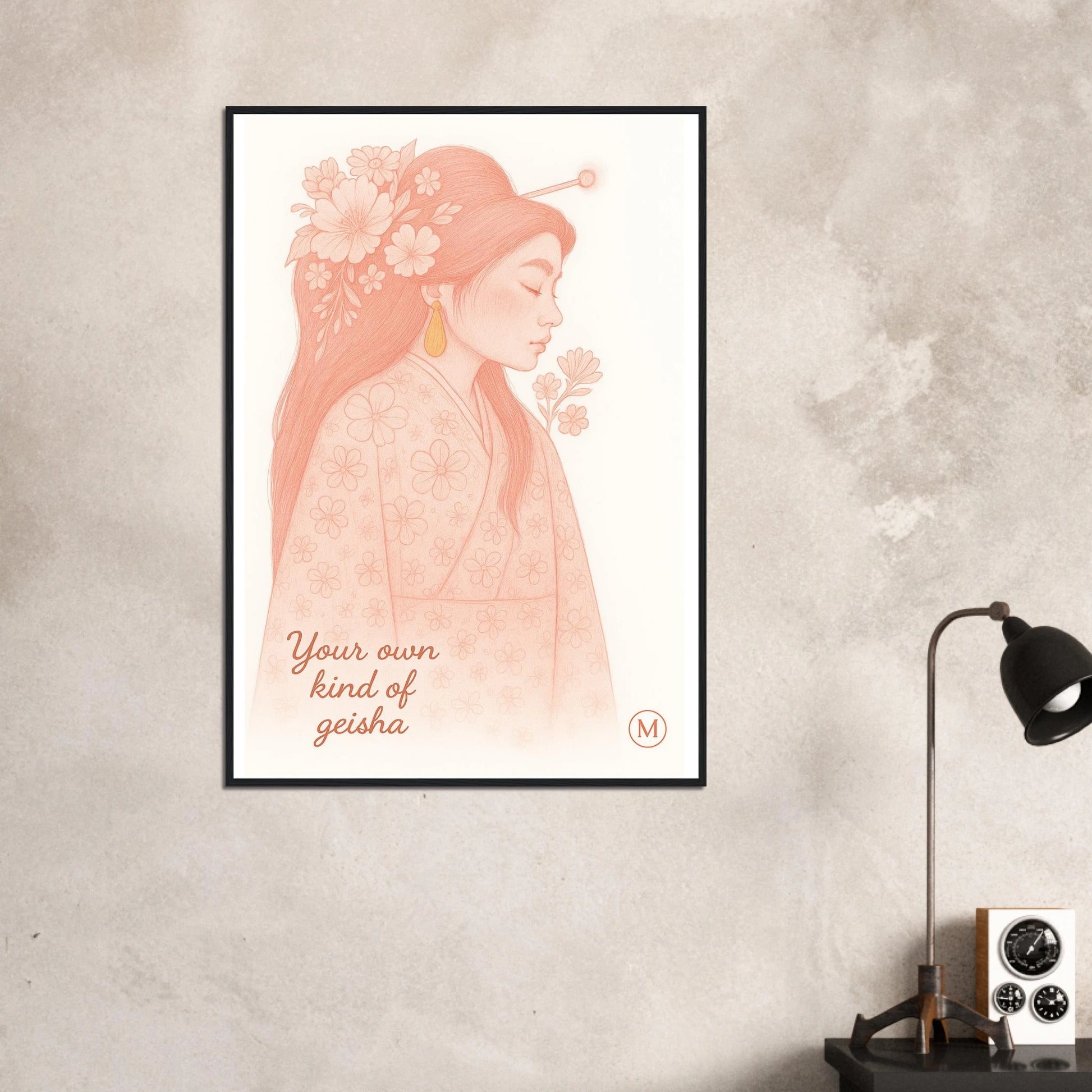 white framed poster of a pink geisha with qoute your own kind of geisha by match wall art