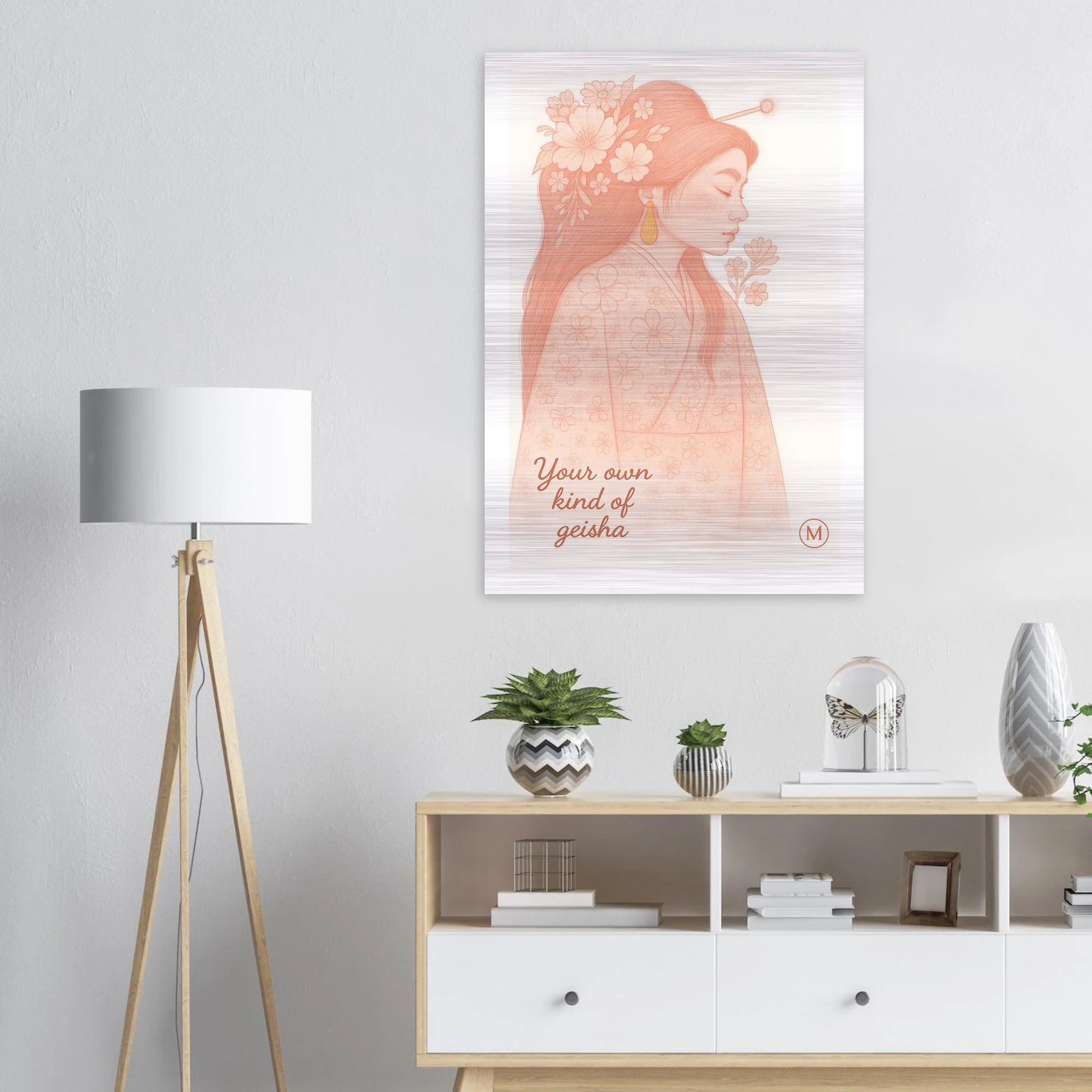Luxury alumimum geisha pink statement piece hanging by match wall 