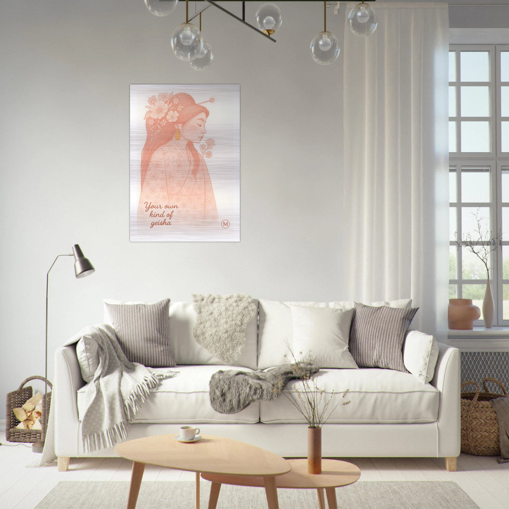 alumimum geisha pink framed by match wall art hanging above sofa