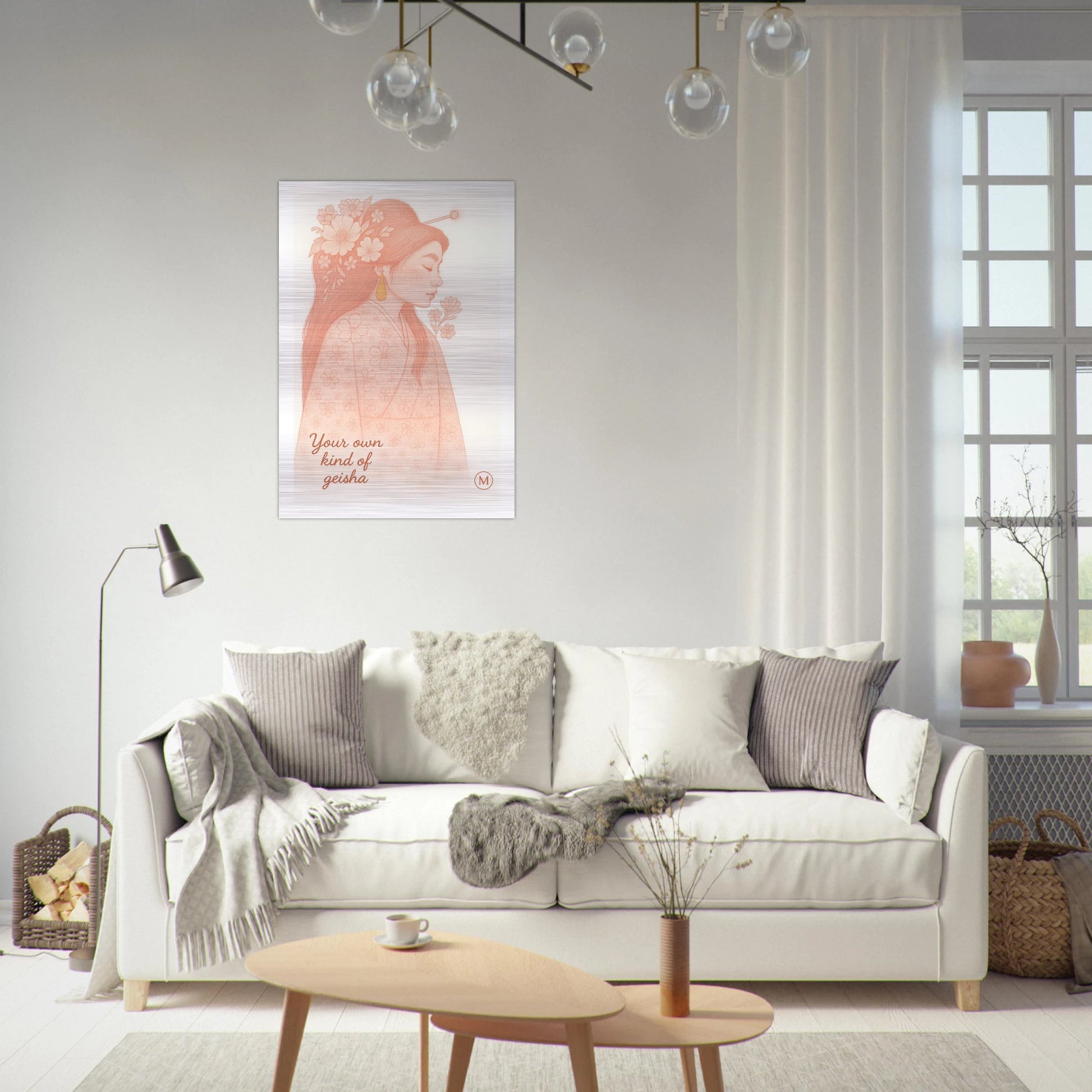 alumimum geisha pink framed by match wall art hanging above sofa