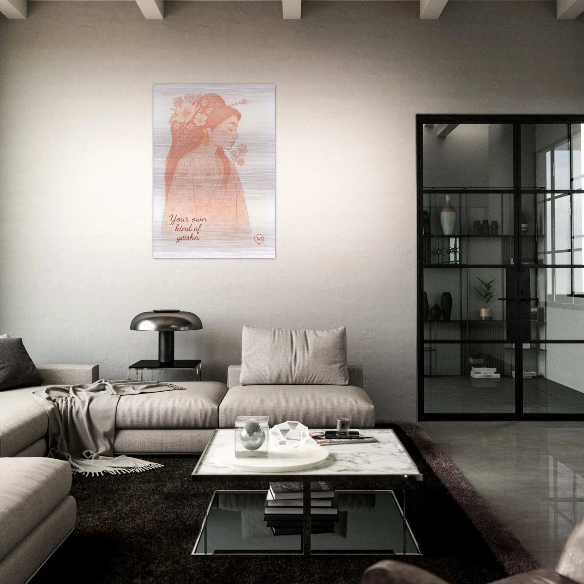 alumimum statement piece of a geisha pink woman by match wall art