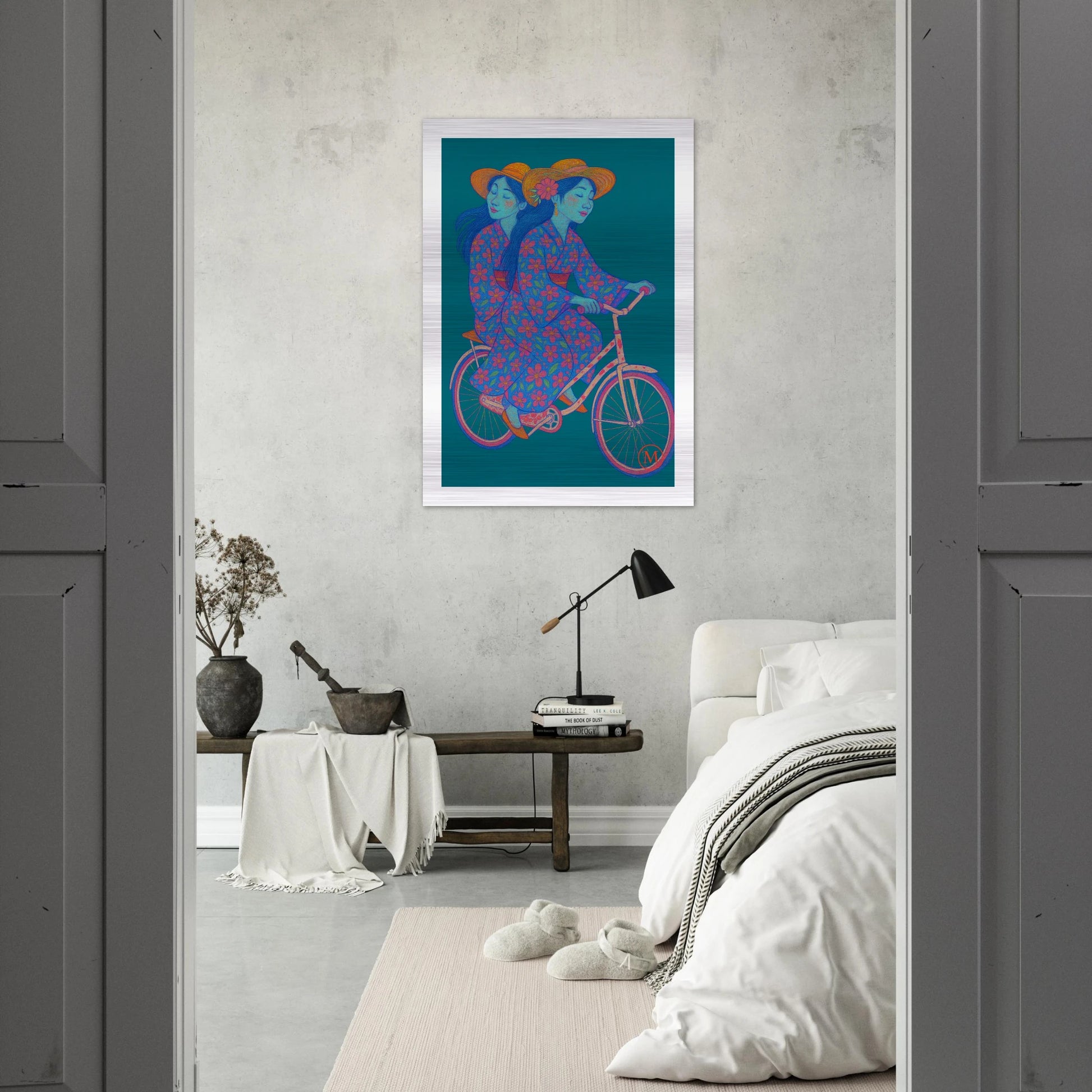 two-geishas-cherry-blossom-aluminum-wall-art hanging in bedroom