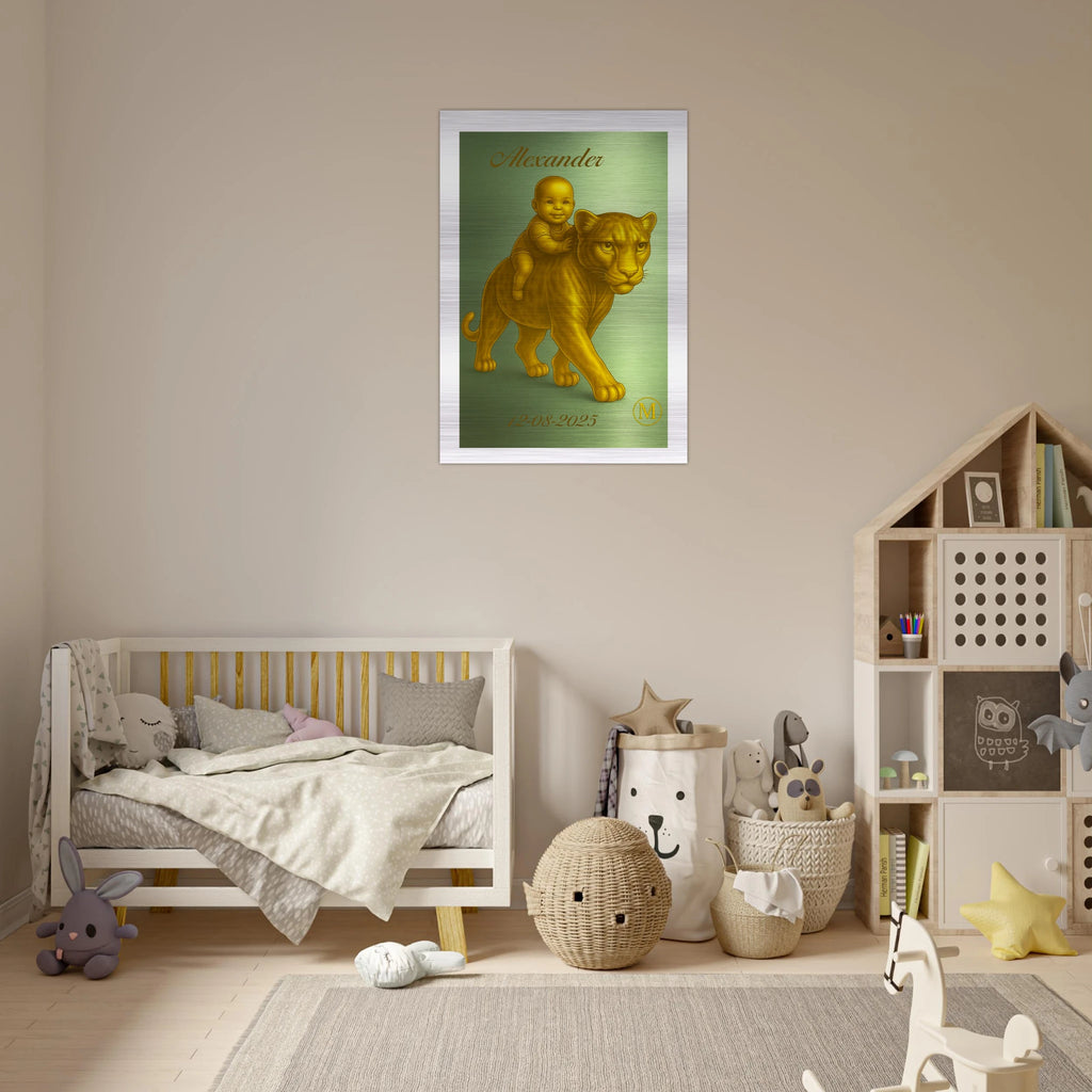 This brushed aluminium wall art features a golden panther carrying a baby 