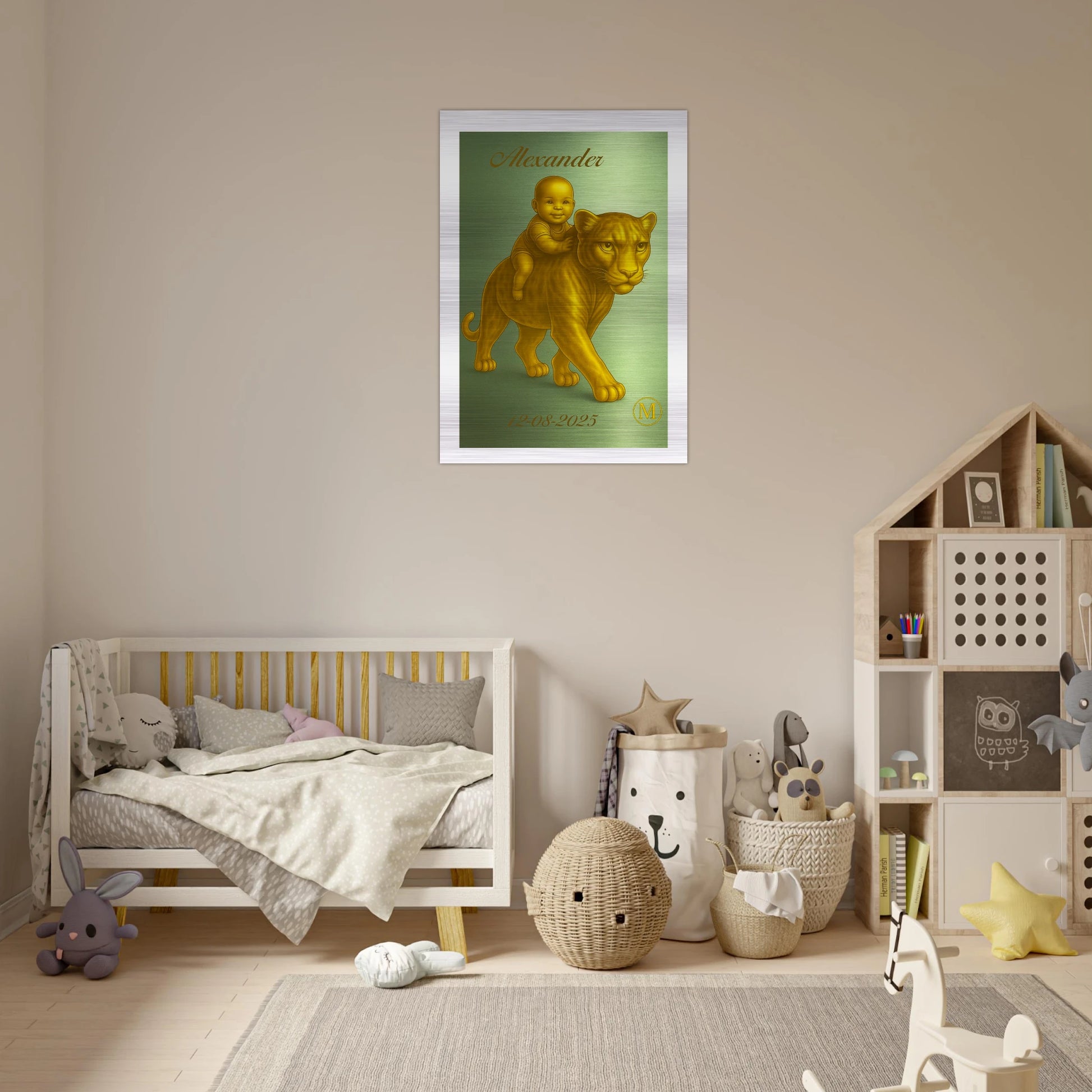 This brushed aluminium wall art features a golden panther carrying a baby 