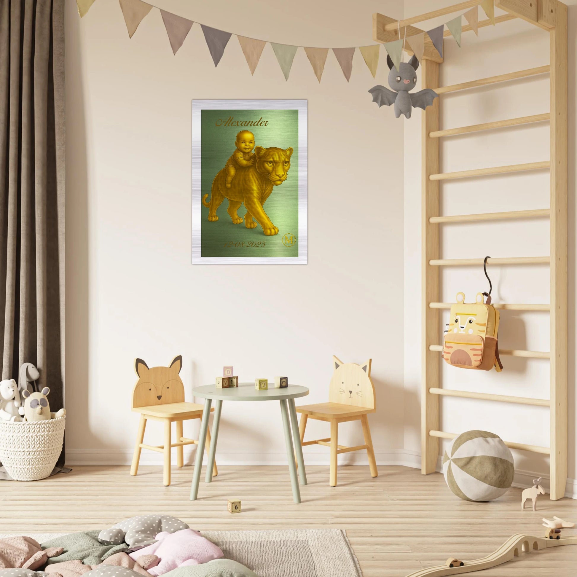 brushed aluminium wall art features a golden panther with a baby 