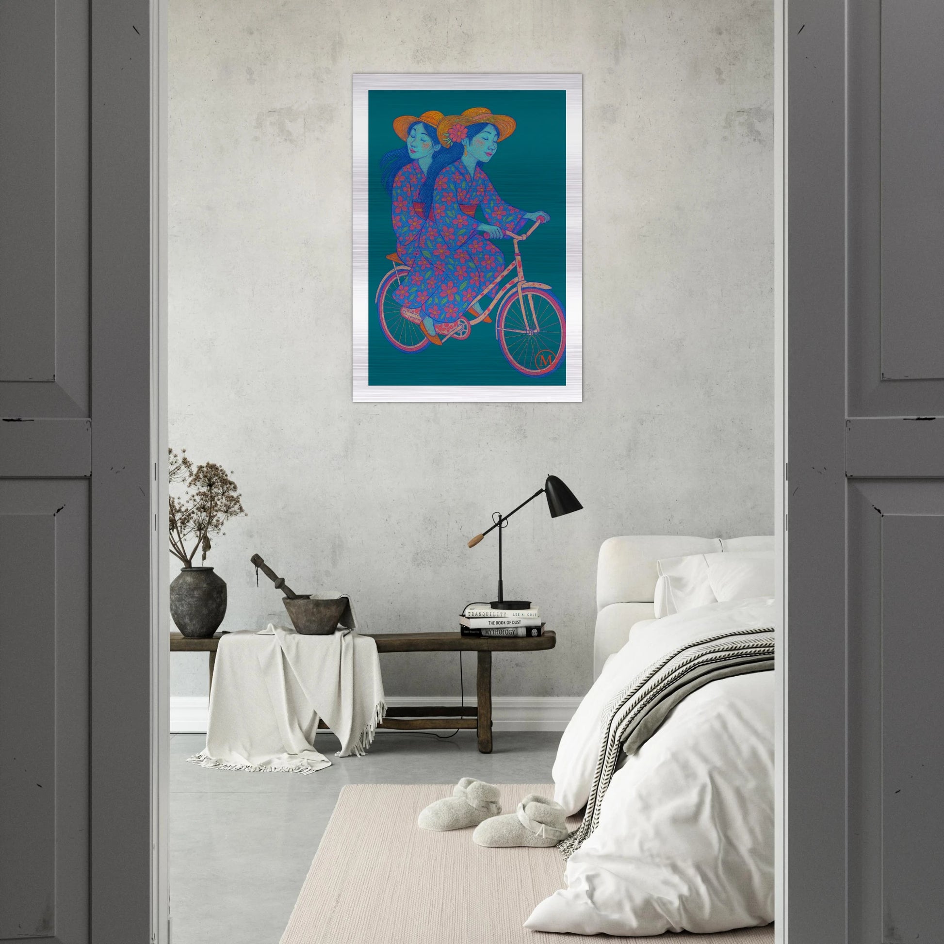 Elegant vintage-style illustration of two geishas on brushed aluminum 