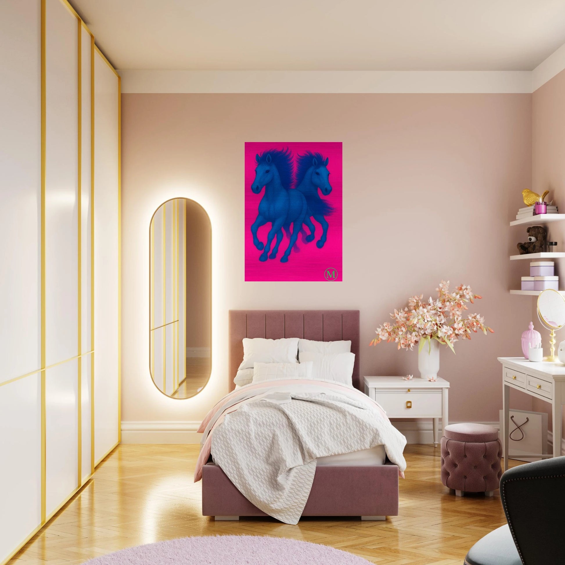 pink Elegant horses running brushed aluminum wall art -inspired luxury metal print by MATCH Wall Art