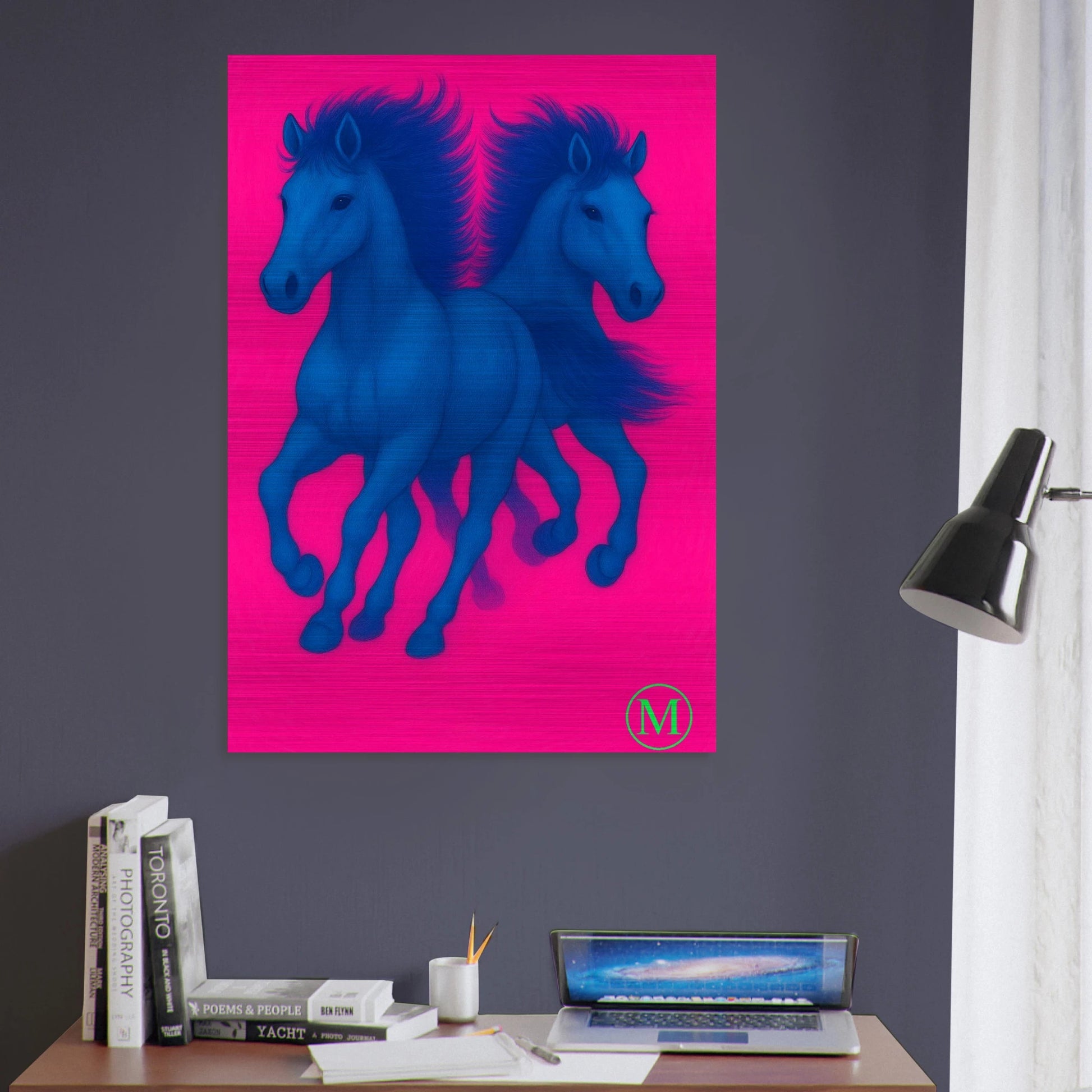 blue pink running horses brushed aluminum wall art -inspired luxury metal print by MATCH Wall Art