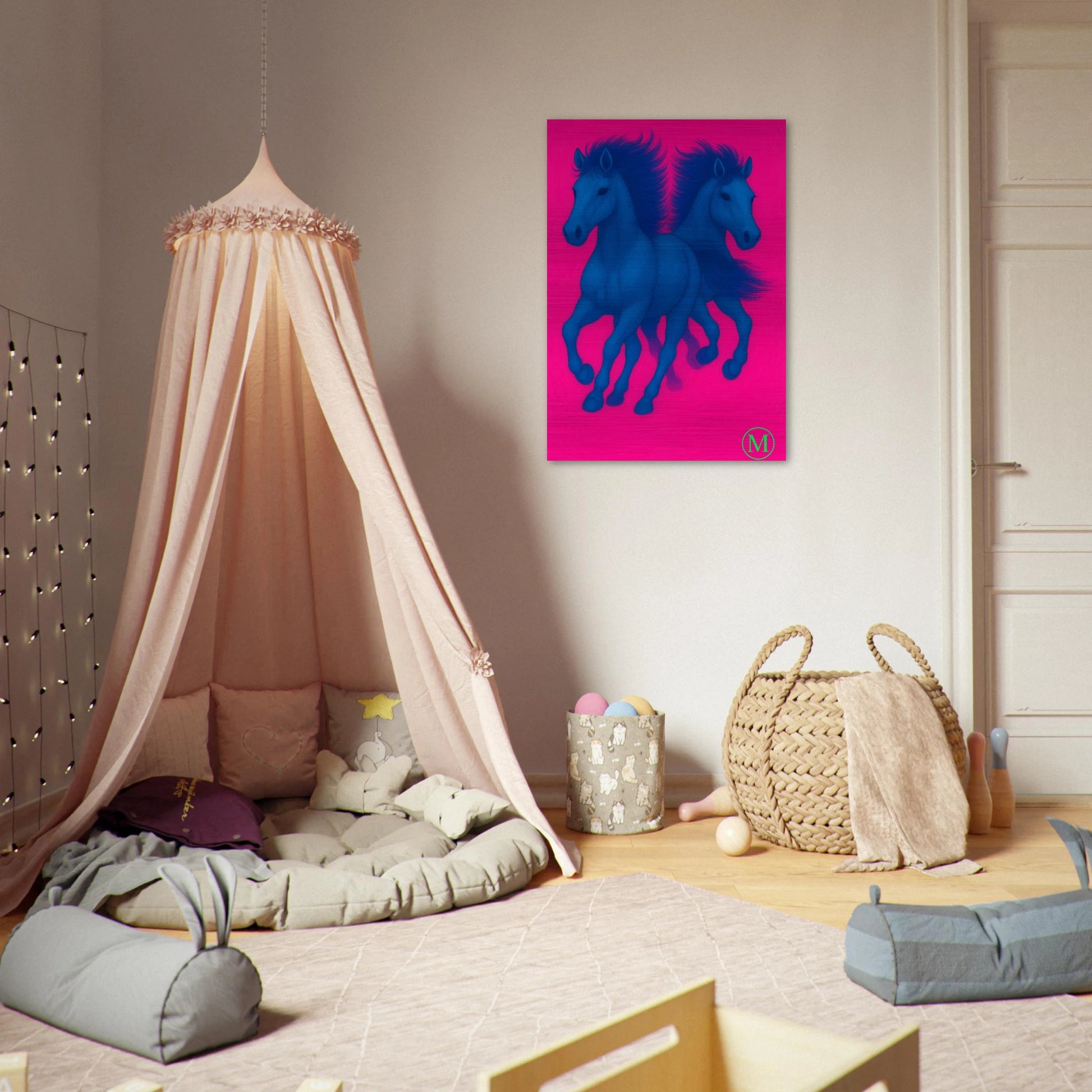 Elegant horses running brushed aluminum wall art -kids room- pink tent-luxury by MATCH Wall Art