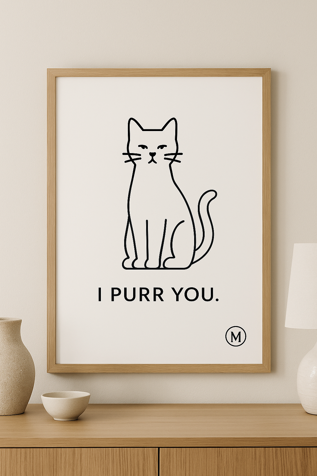 Cute white cat silhouette with 'i purr you' text, minimalist cat lover wall art, digital download, printable home decor