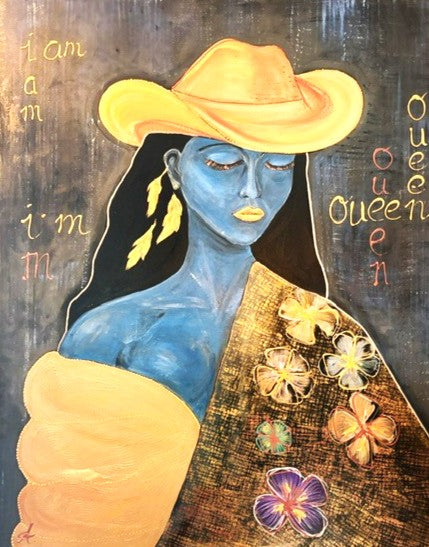 A powerful statement on identity, strength, and inner beauty. The deep cobalt-blue figure radiates calmness and self-confidence, while golden tones in the hat, lips, and flowers symbolize resilience and grace. The repeated words “I am, I’m, Queen” emphasize self-affirmation and empowerment.




Painted on canvas with acrylics, textures, and metallic accents, this artwork blends modern symbolism with bold colors to create a timeless portrait of feminine power